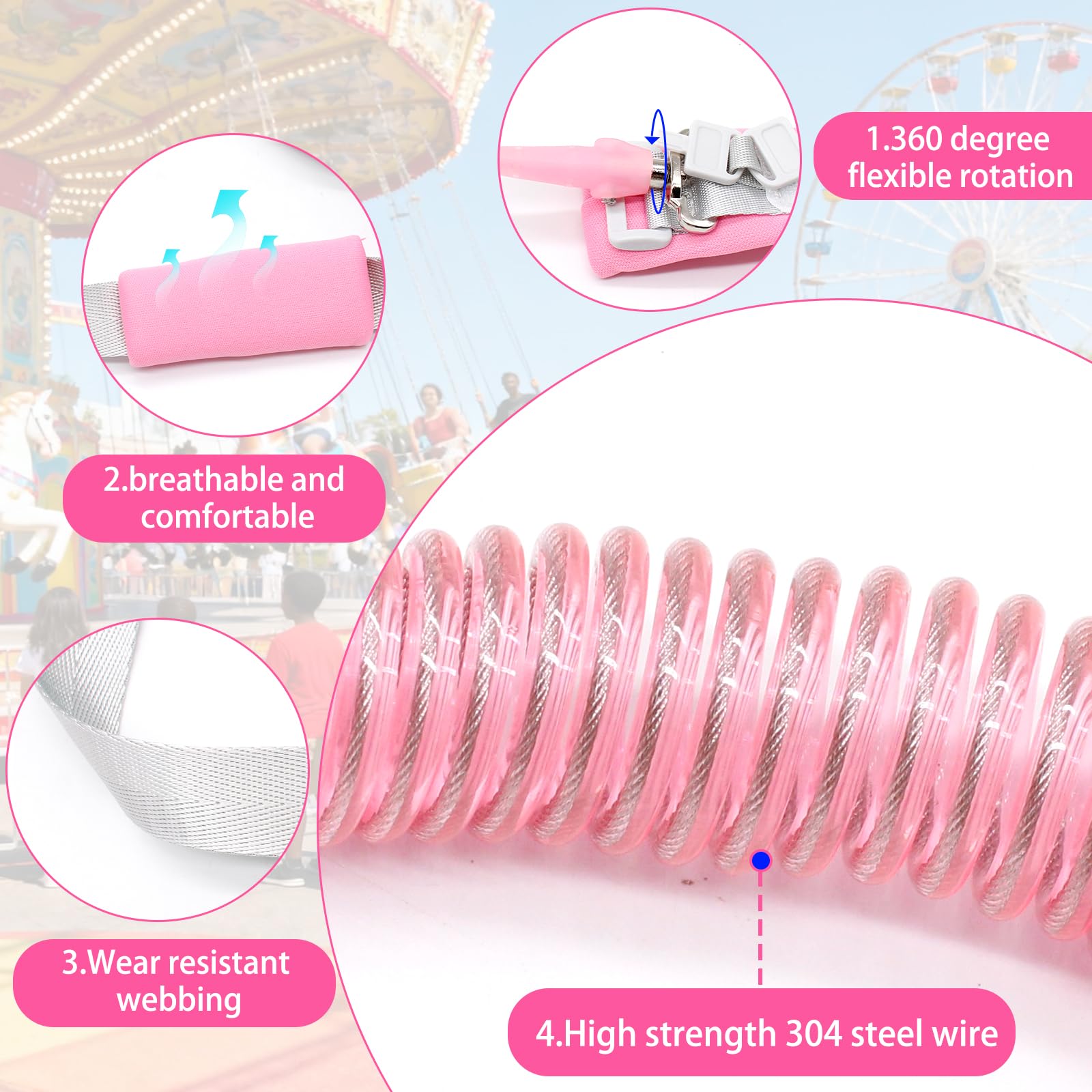 Imbracatura di Sicurezza Bambini 2 in 1 Bracciale Anti-perso Guinzaglio Rosa 2,5m