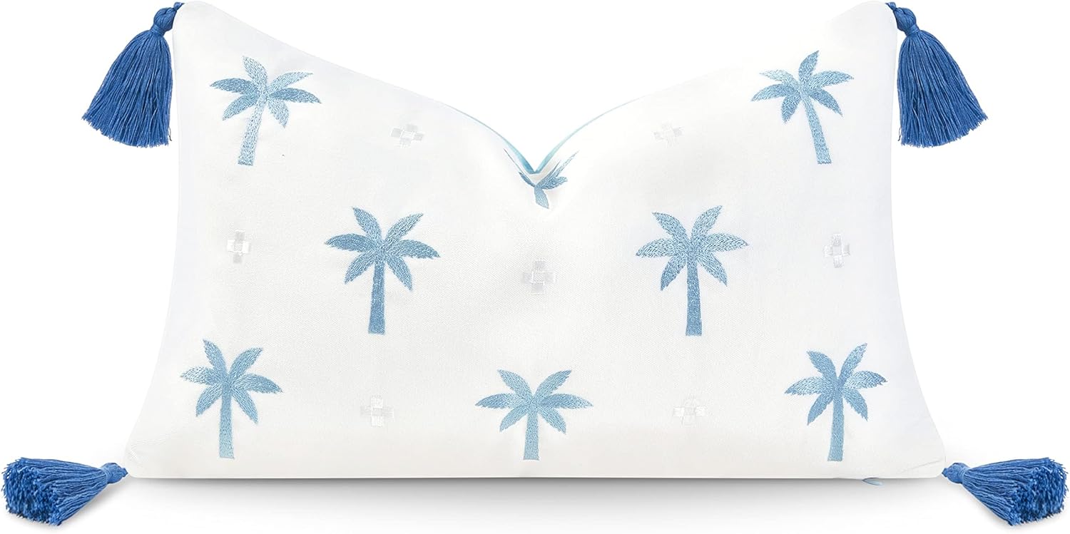 Hofdeco Premium Patio Indoor Outdoor Pillow, 12 x20 Coastal Pillow, Water Repellent Pillow for Backyard, Couch, Baby Blue Embroidered Palm Tree Tassel