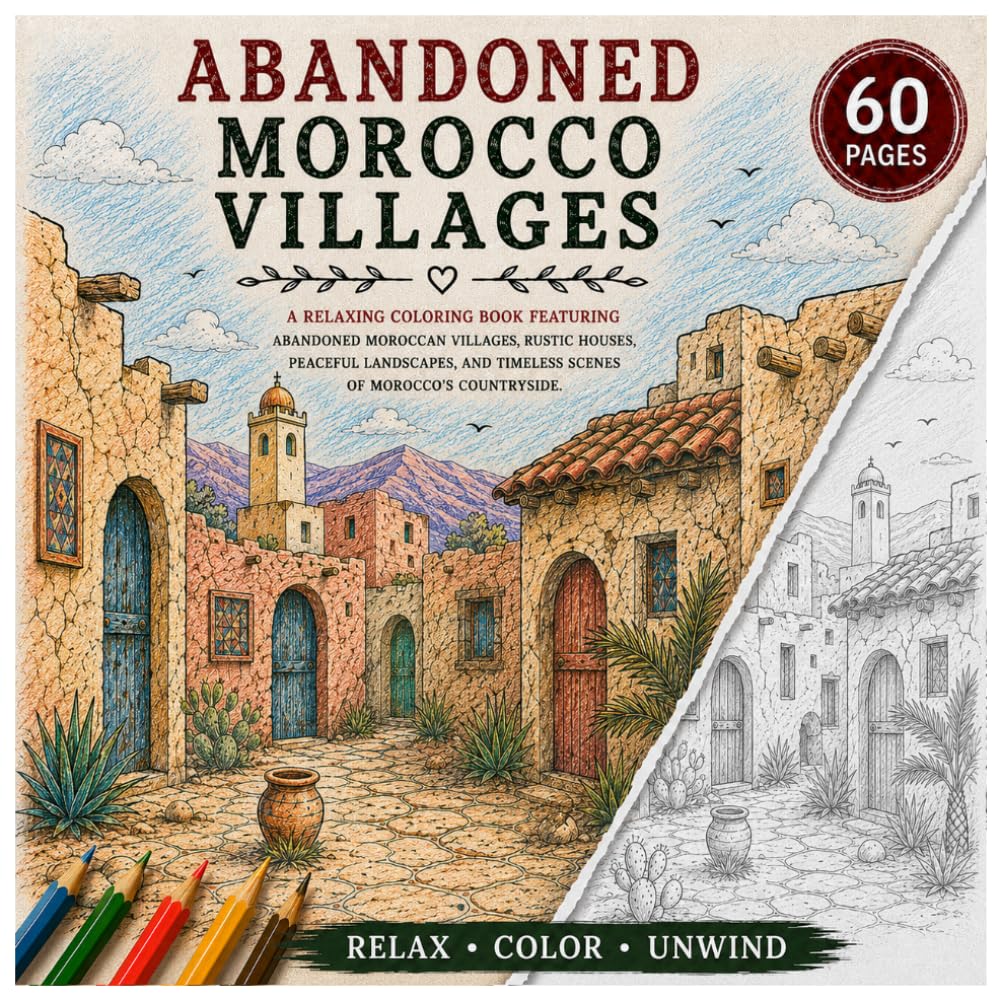 Abandoned Morocco Villages Coloring Book: 50 Cozy & Peaceful Moroccan Village Illustrations Featuring Rustic Streets, Desert Homes, Arched Doorways, ... Landscapes (Abandoned Villages Series)