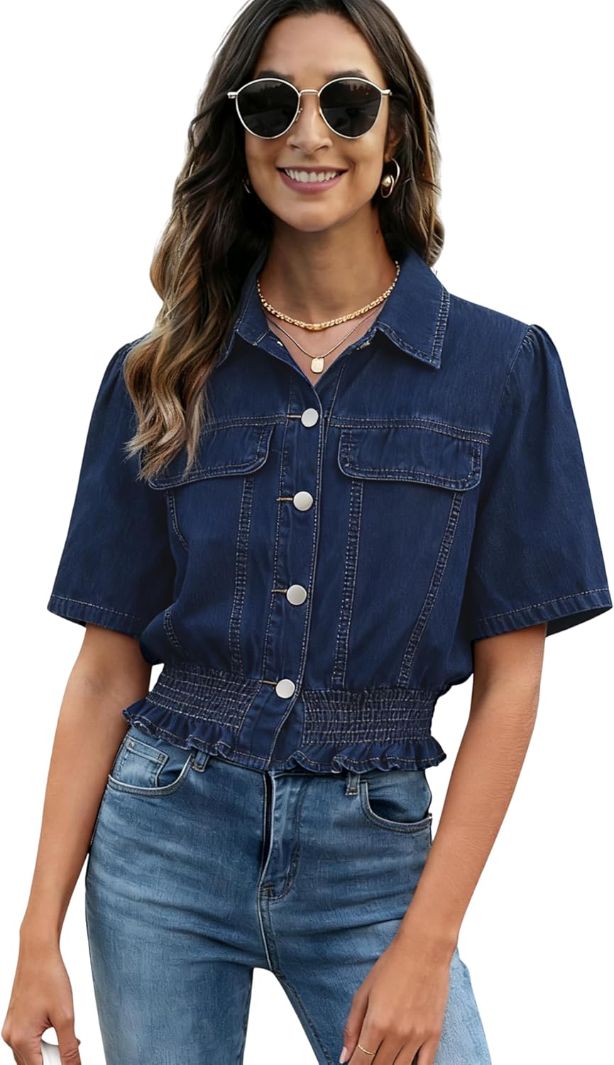Omoone Women's Short Sleeve Denim Shirt Peplum Ruffle Hem Denim Crop Top Jackets Cowgirl Outfits - Image 2