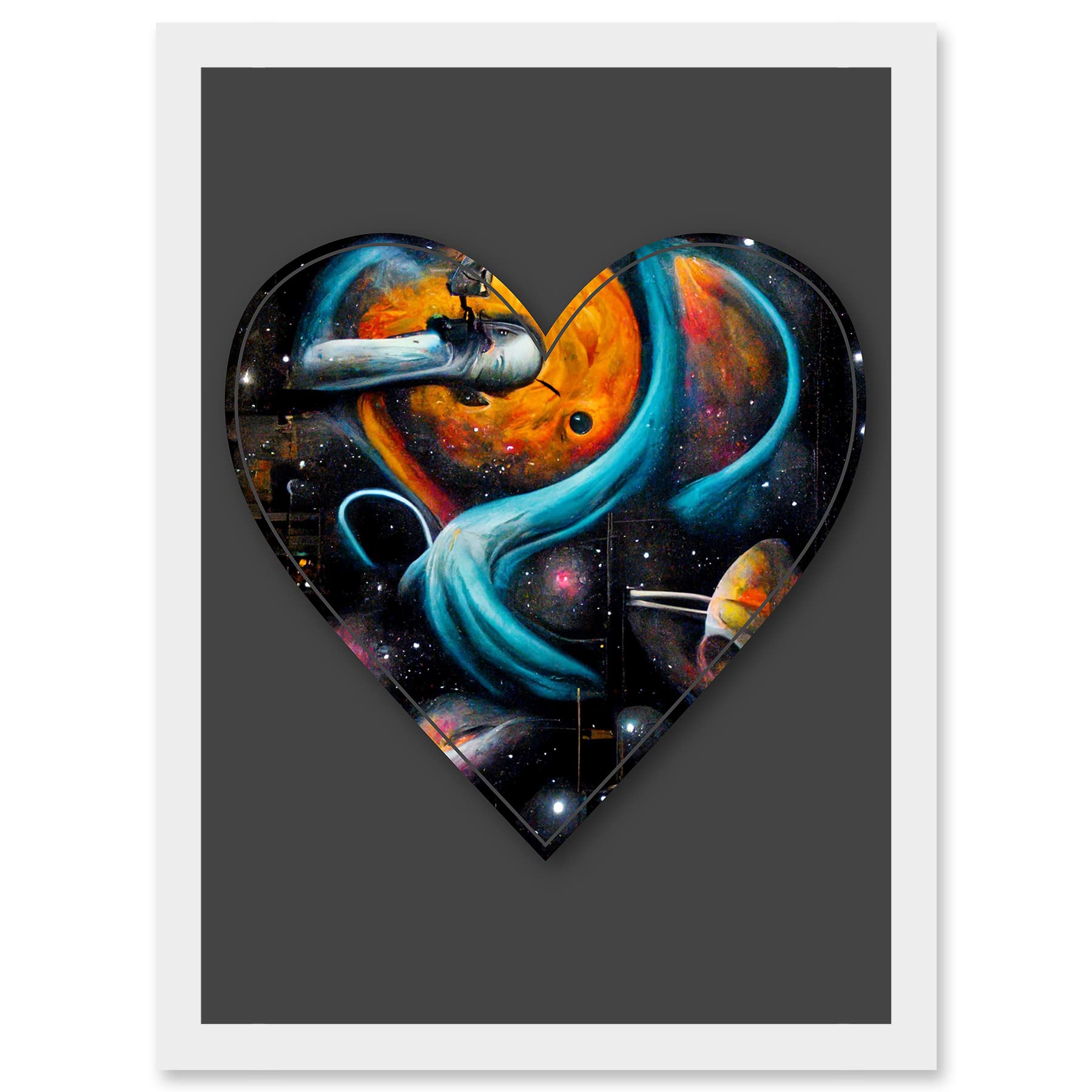 Artery8 A4 Framed Wall Art Print - Symbol Heart Love Space Trippy Cosmos Graffiti Alphabet Initial Stencil Artwork - White