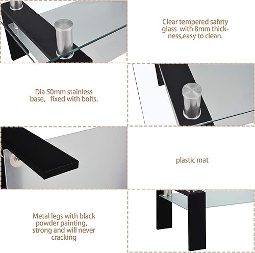 Miniatura 16 de Mesa de centro rectangular de cristal, mesa de té moderna con estante inferior, mesas centrales de 2 niveles para sala de estar, mesa de vidrio