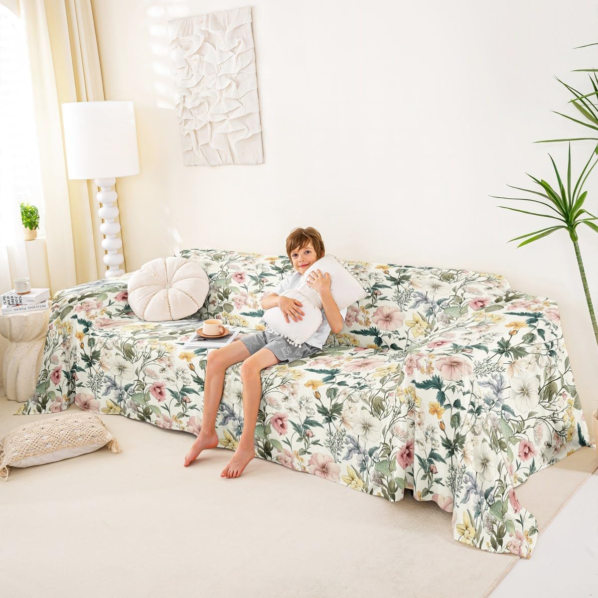 Erosebridal Floral Couch Cover Vintage Floral Sofa Cover Poppy Flower Couch Protector Boho Leaf Sofa Slipcover,71" x 91"