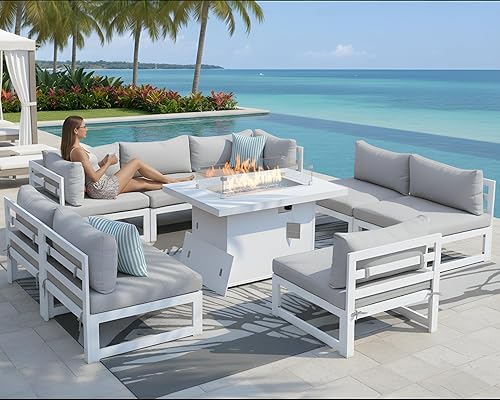 Miniatura 541 de NICESOUL 7 Piece White Powder-Coated Aluminum Patio Furniture with Fire Pit Table, 29 Inch Extra Wide Outdoor Sectional Sofa for 6, High-End Heavy