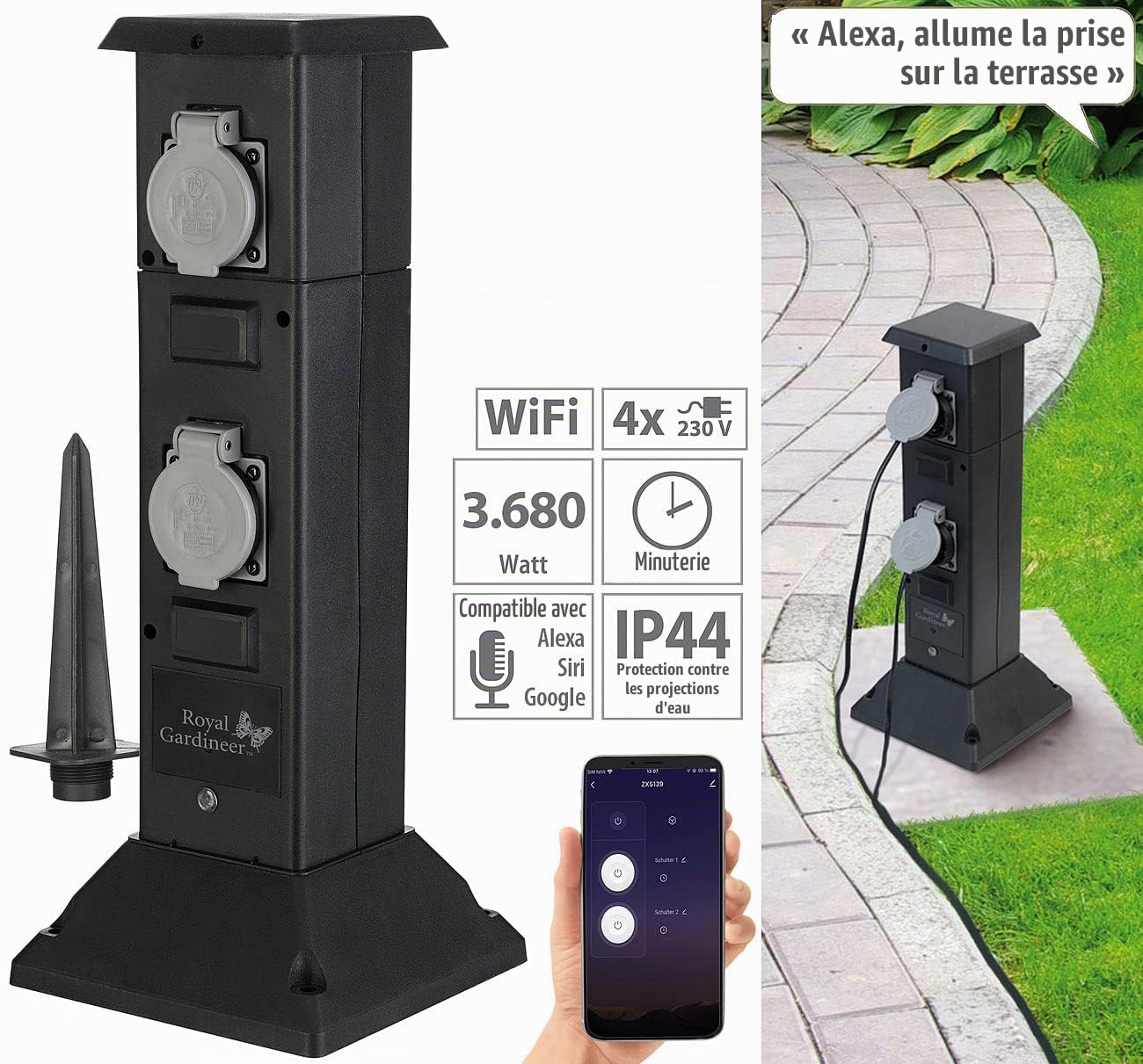 Multiprise colonne de jardin connectée et intelligente avec 4 prises et commandes vocales [Royal Gardineer]