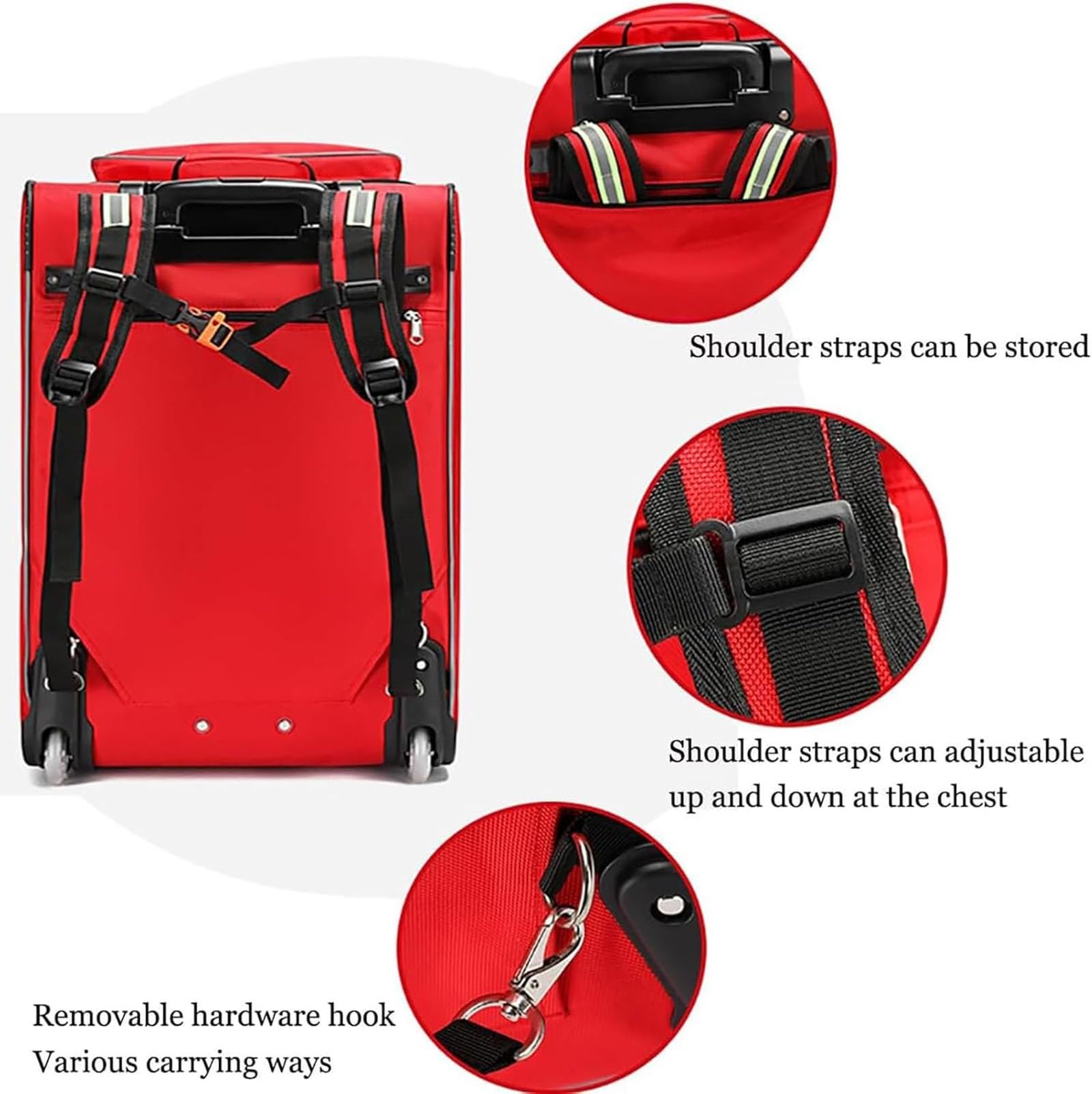Bolsa de primeros auxilios de emergencia, maletín médico con ruedas y carrito impermeable, mochila portátil de alta capacidad for enfermeros y médicos(Red)