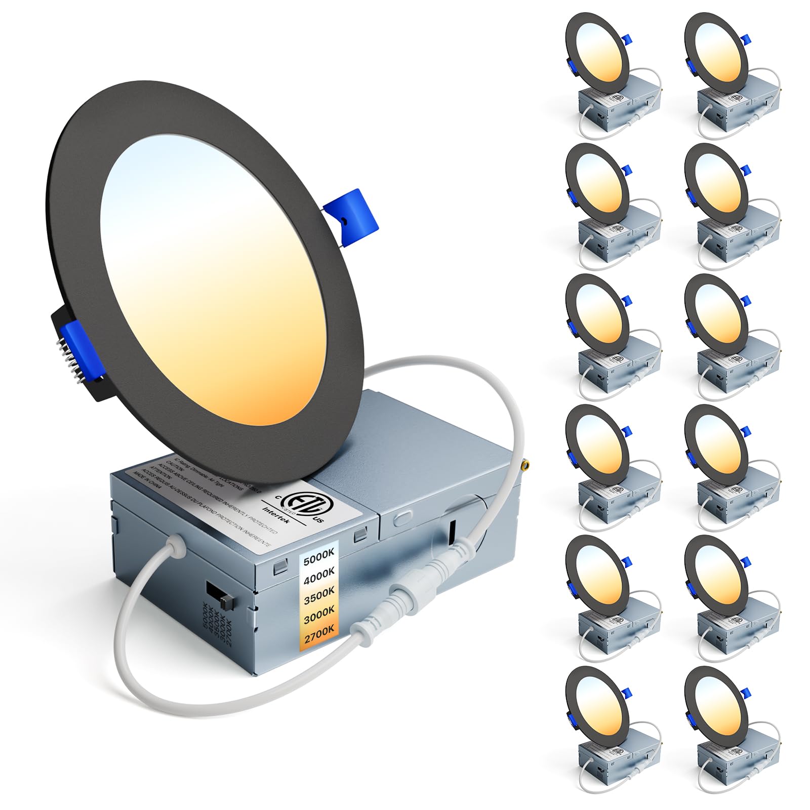 Ensenior 12 Pack 4 Inch LED Recessed Ceiling Light Black, Dimmable, 2700K-5000K 5CCT, 750LM 9W 120V, High Brightness Canless Wafer Downlight - ETL&amp;FCC&amp;IC