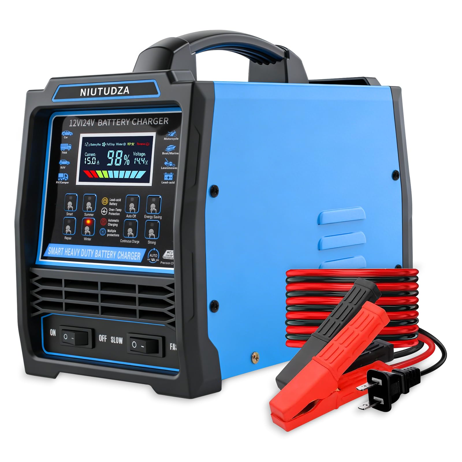 Caricabatterie per auto resistente, 12 V/24 V, 0-15 A, caricatore automatico per batteria, caricabatterie intelligente con spegnimento rapido e lento, spegnimento automatico, riparazione, modalità