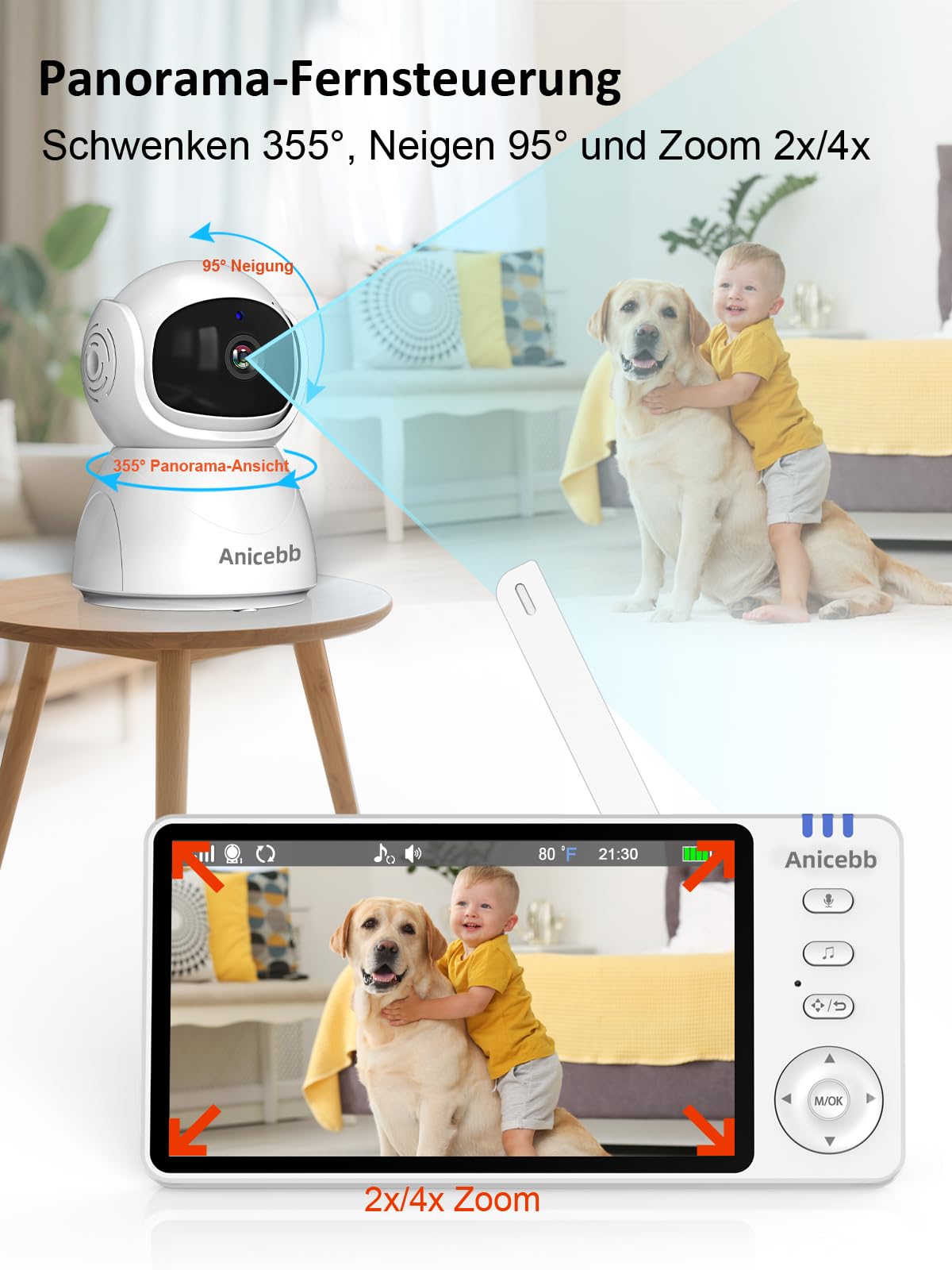 Babyphone Mit Kamera Ohne WLAN, 5 Zoll 720P HD Video Monitor, Zoom 2X/4X, Schwenk- und Neigefunktion, 100 Std. Akkulaufzeit im VOX-Modus, 300 m Reichweite, Nachtsicht, Temperatur- und Geräuschalarm