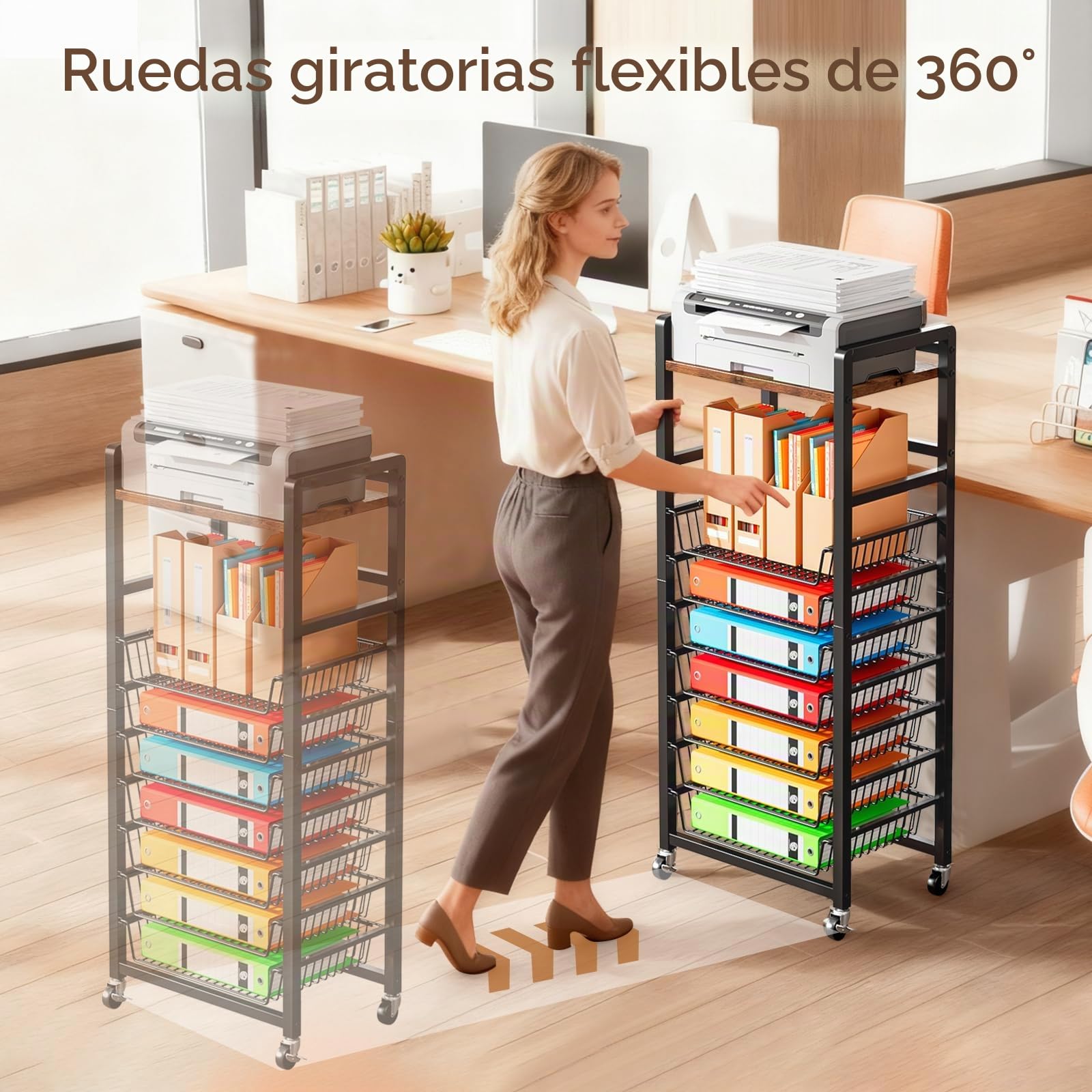 Carrito Organizador Móvil de 8 Niveles con Bandejas Metálicas | Tablero Superior de Madera, Ruedas Giratorias 360°, Negro, 44,5 × 28 × 106,5 cm, para Oficina y Hogar