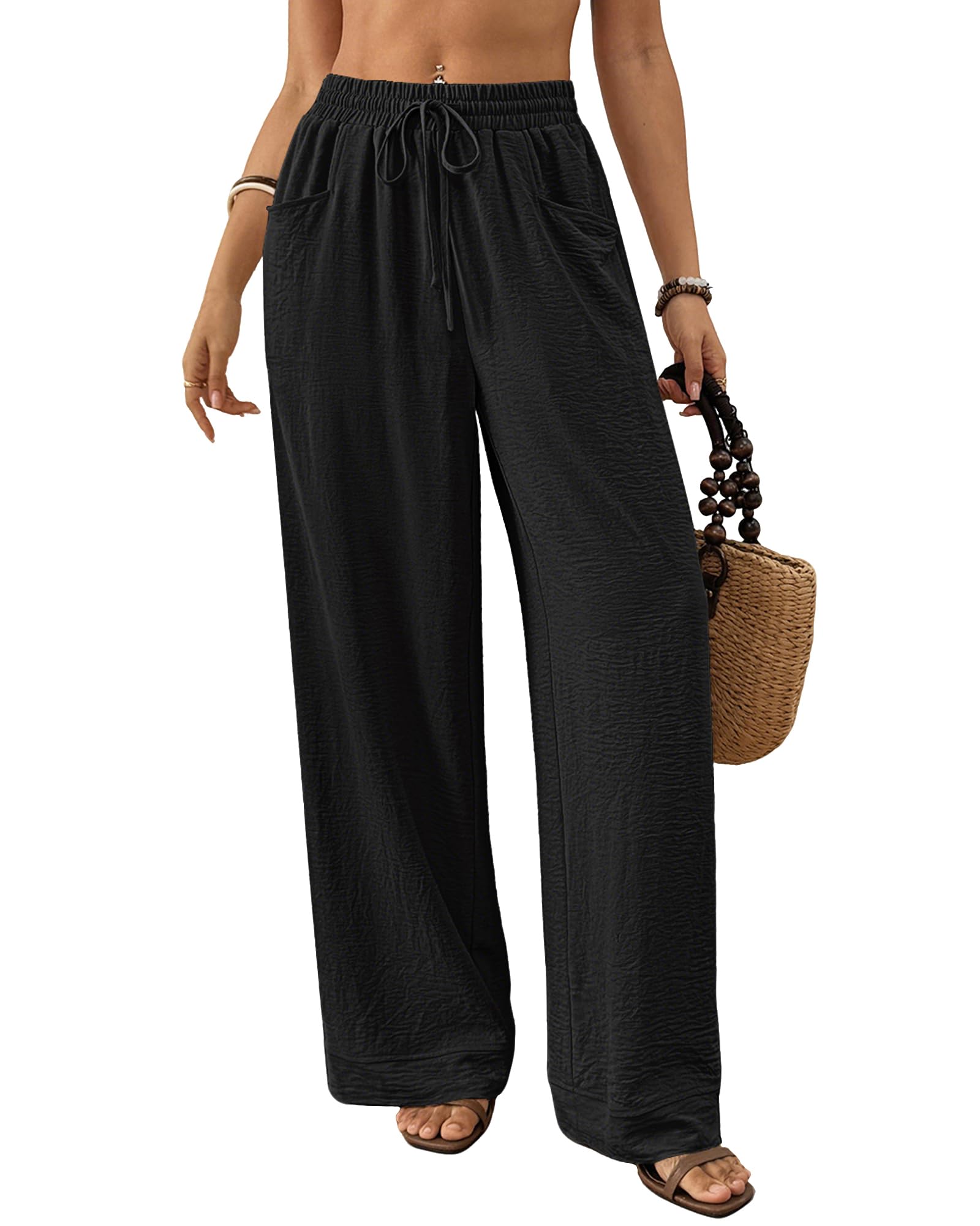 Bsubseach Womens Wide Leg Pants Summer Casual Palazzo Pant Flowy Drawstring High Waist Beach Lounge Trousers with Pocket