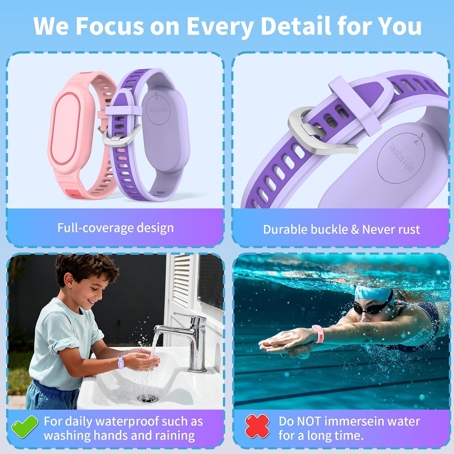 [2-Pack] Waterproof Bracelet Compatible for Samsung Galaxy SmartTag 2 (2023), Soft Silicone Full Coverage Protective Cover Hidden Smart Tag 2 Case for Kids Child Elderly (Pink+Purple) image 4