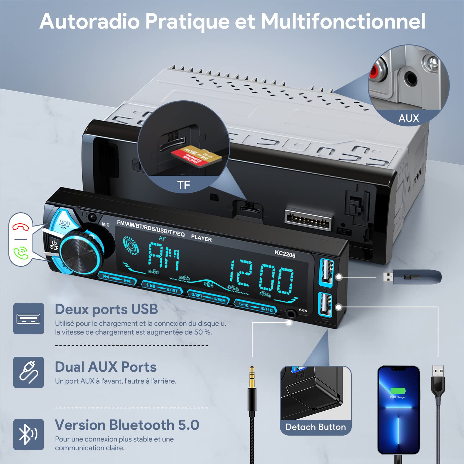 RDS Autoradio Bluetooth 1 DIN Wistrue1 | Pannello Frontale Rimovibile, 4x65W, Lettore MP3, Ingressi USB, AUX, SD