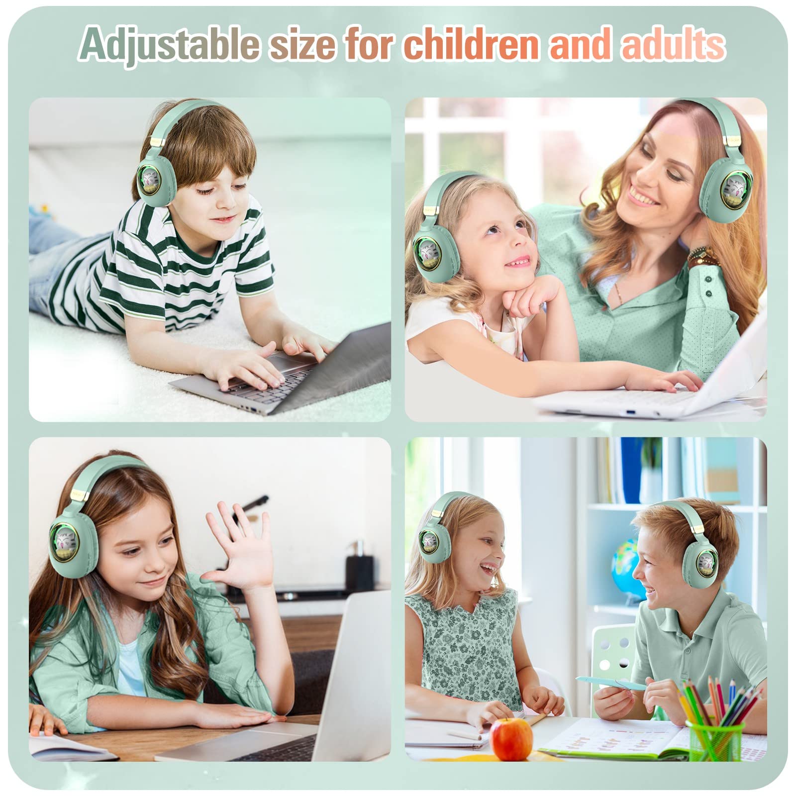 Casque de jeu pour filles vert avec microphone – Casque filaire et sans fil avec suppression du bruit pour enfants et école – Écouteurs Bluetooth