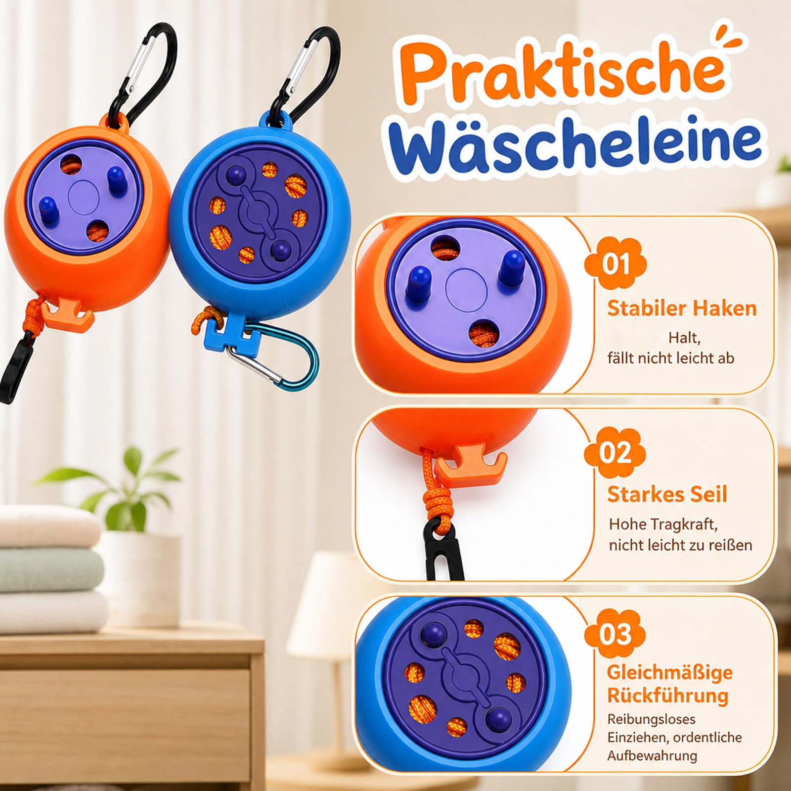 2er-Set Wäscheleine Ausziehbar - Faltbare Reise Wäscheleine & Camping Wäscheleine - Tragbar und Platzsparend für Hotel, Urlaub und Outdoor