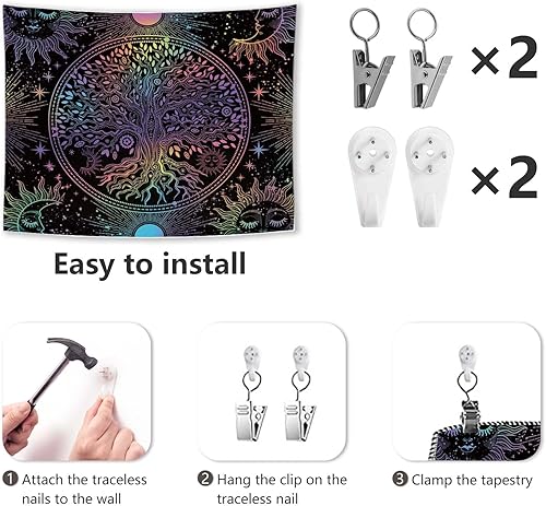 Miniatura 7 de MEHOFOND Tapiz de árbol de la vida para colgar en la pared, diseño de mandala bohemio para dormitorio, estético, sol, luna, estrella, árbol de la