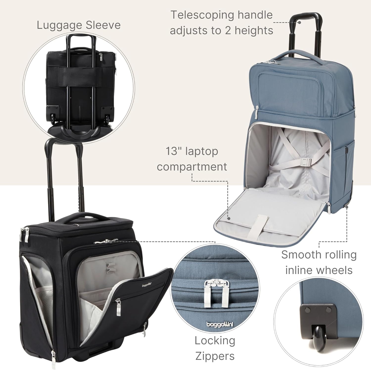 Baggallini Expandable Underseat Carry-On - Lightweight Travel Luggage Carry On Weekender with Wheels