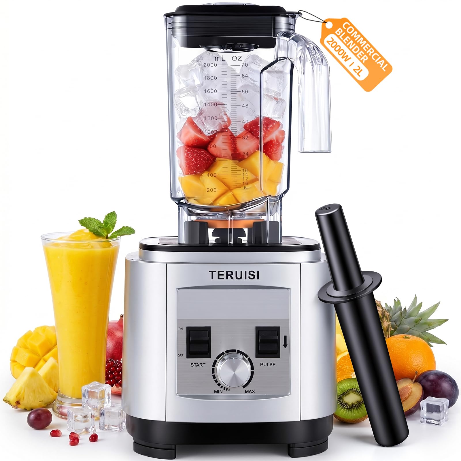TERUISI 2L Commercial Blender 23000RPM, 2000W Heavy Duty Blenders with 3 Speeds, Timer, Self-Cleaning