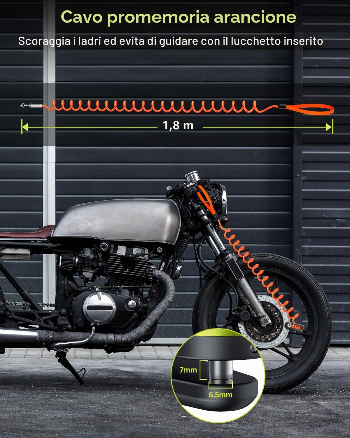 ZEXMTE Allarme a disco ricaricabile per moto, 120 dB, con cavo promemoria da 1,8 m, rinforzato, impermeabile, ad alta sicurezza, per moto, bici, scooter, e-bike, verde