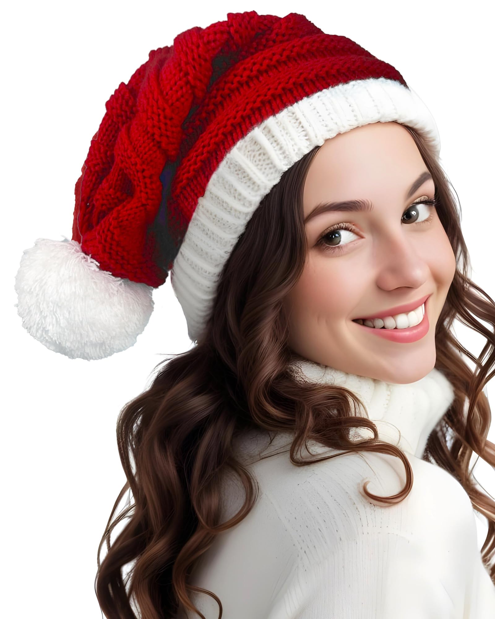Hikkcos Gorro de Papá Noel de punto con pompón, gorro rojo para mujer, gorro de invierno de Navidad, regalo de Año Nuevo