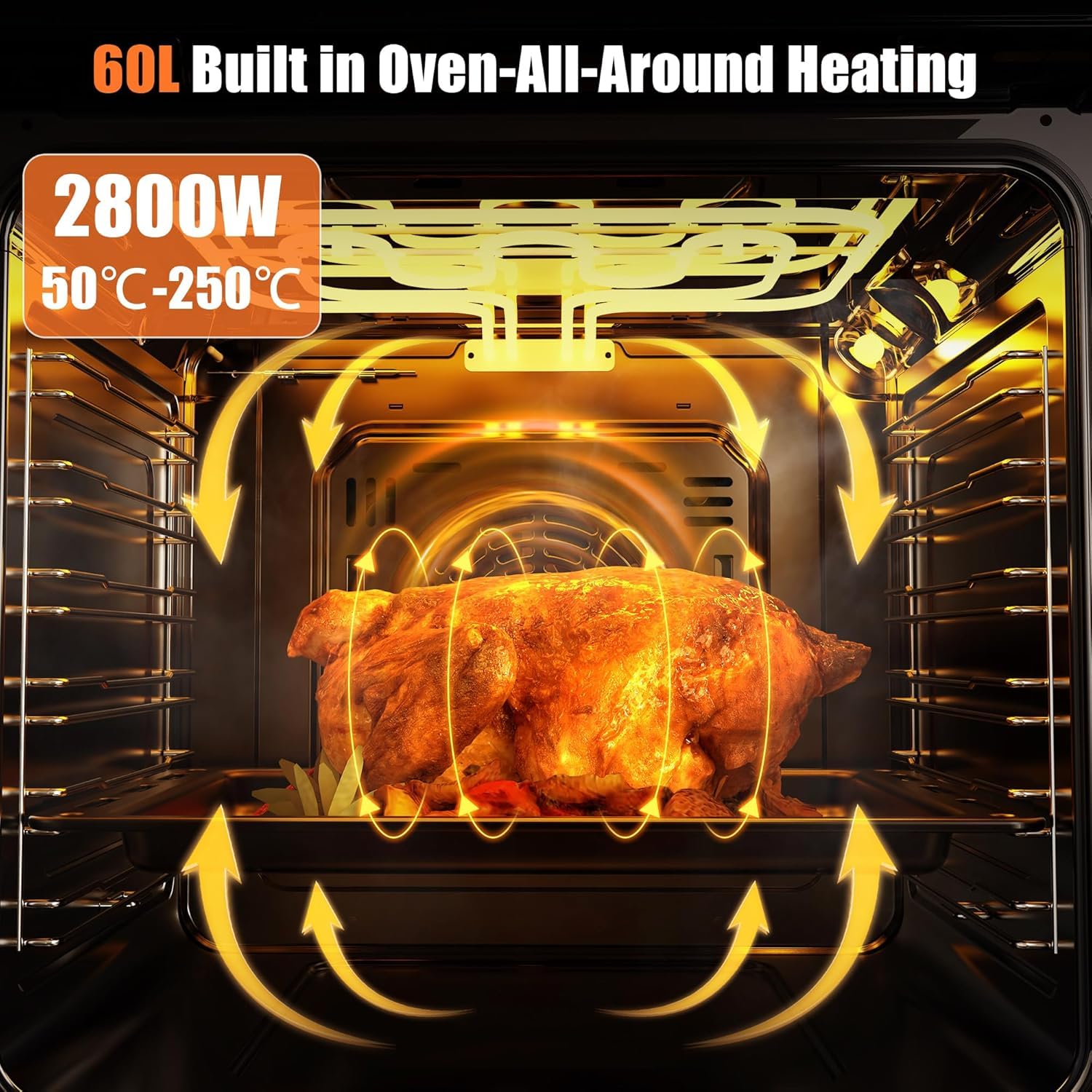 60cm Einbaubackofen 60 Liter 2800W 9 Funktionen Drehknopf Timer 10h Doppeltes Oberrohr Ventilator 230V
