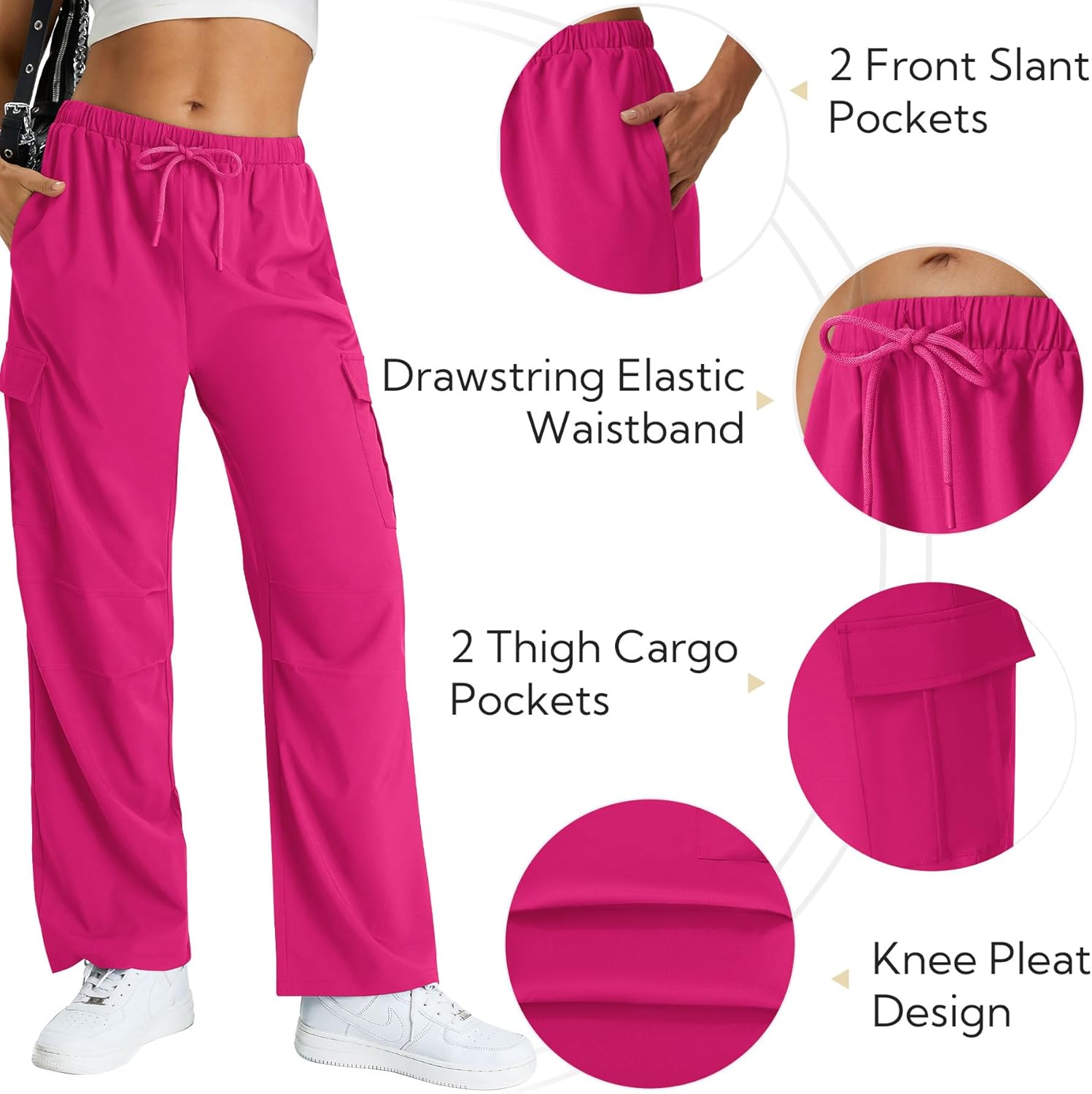keriffe Women's Cargo Pants Quick Dry Lightweight Water-Resistant Hiking Pants Elastic High Waisted Drawstring 4 Pockets - Image 4
