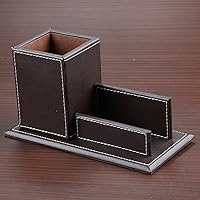 Vista 3 de KINGFOM Organizador de escritorio y accesorios de piel sintética, soporte para lápices para escritorio con soporte para tarjetas de visita, Marrón
