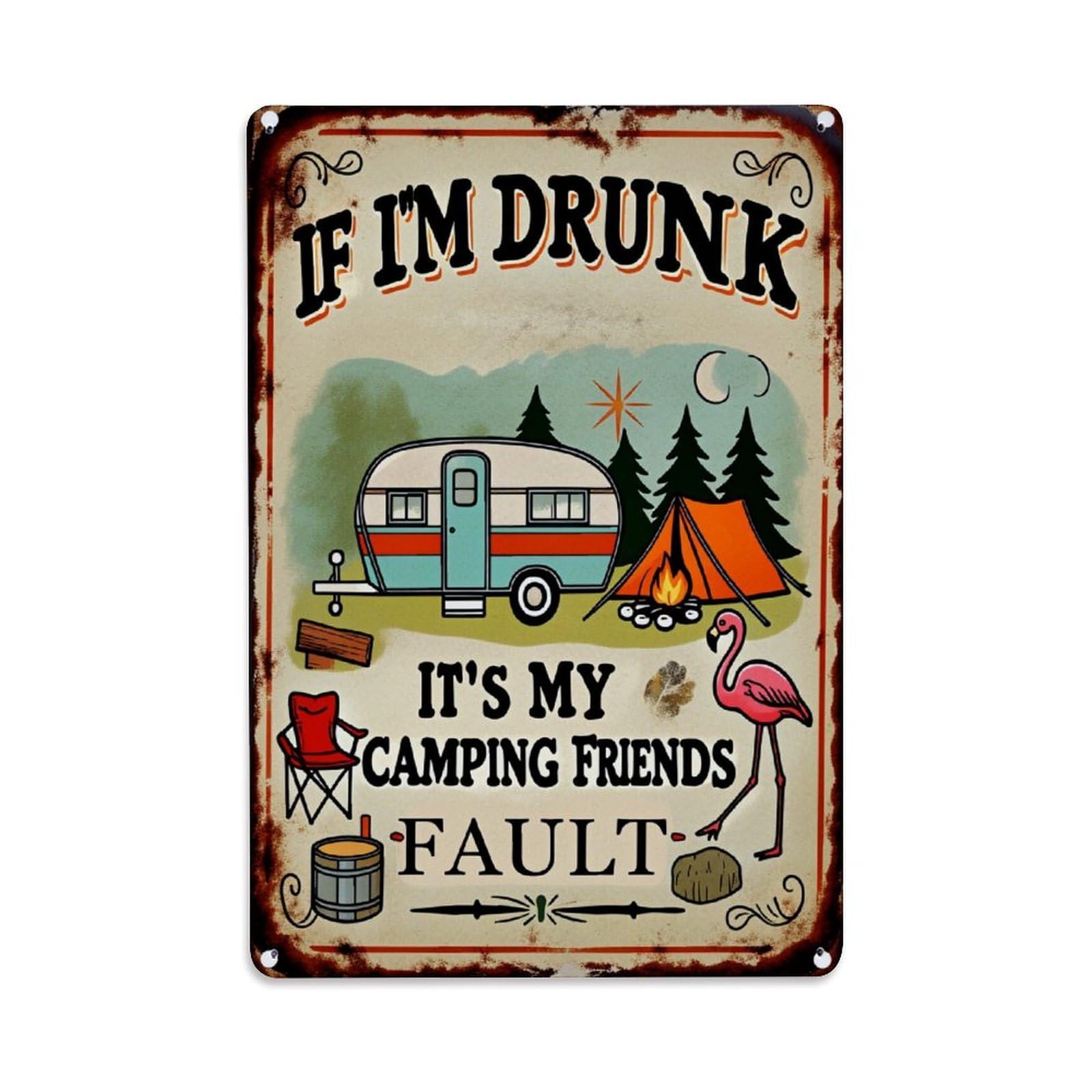 Camping Trailer Tent Flamingo Chair Tin Sign Vintage Metal Poster, Home Bar Garage Man Cave Cafe Indoor & Outdoor Wall Decoration 8x12Inches