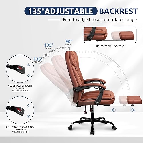 Miniatura 5 de Guessky Silla de oficina ejecutiva, silla de oficina reclinable de cuero grande y alta con reposapiés, respaldo alto, silla de escritorio de oficina