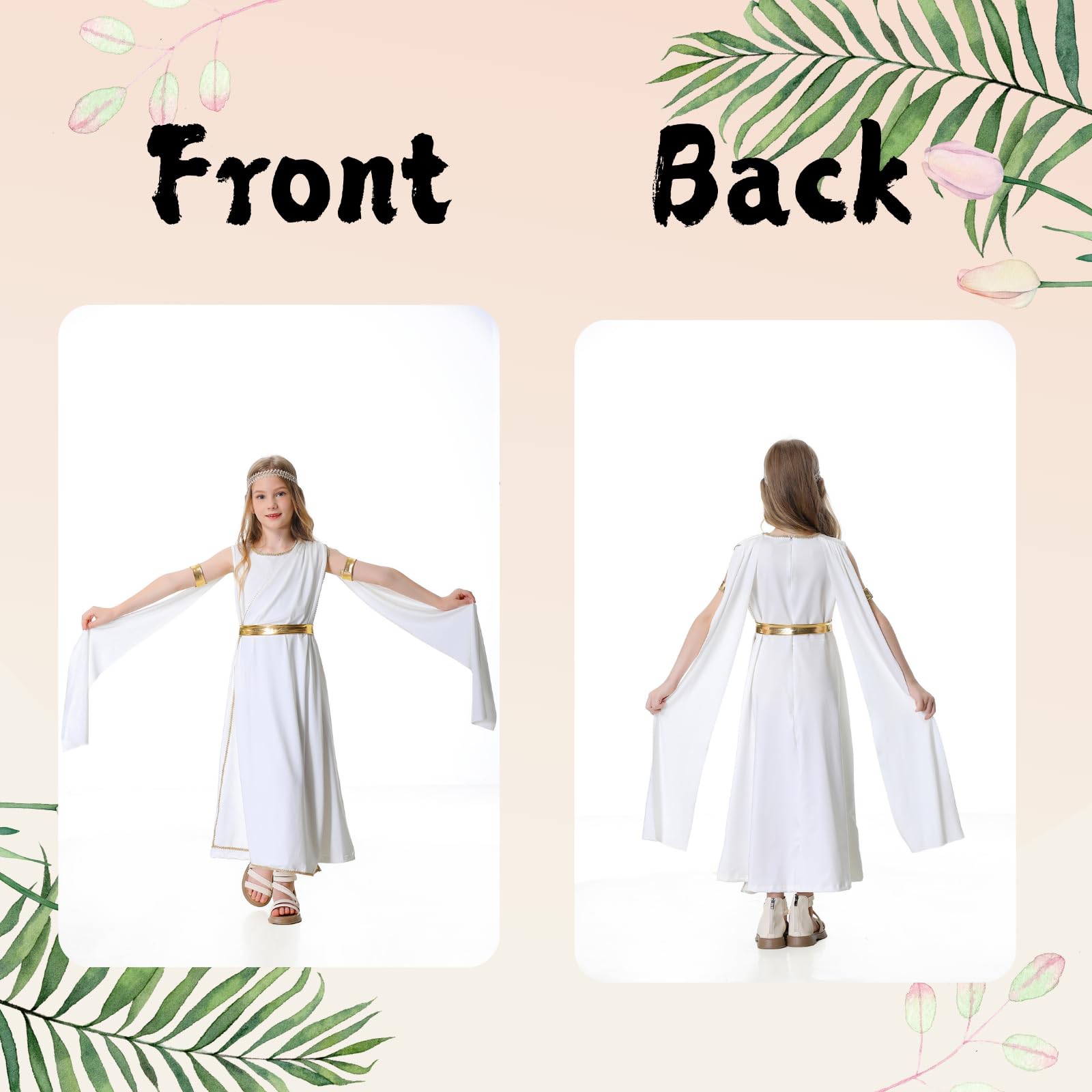 DELIVESS Kids Athena Goddess Costume Set Dress with Headpiece 2 Wrist Cuffs and Belt for Girls Halloween Parties Outfit 4 Pcs (Gold Belt - Image 4