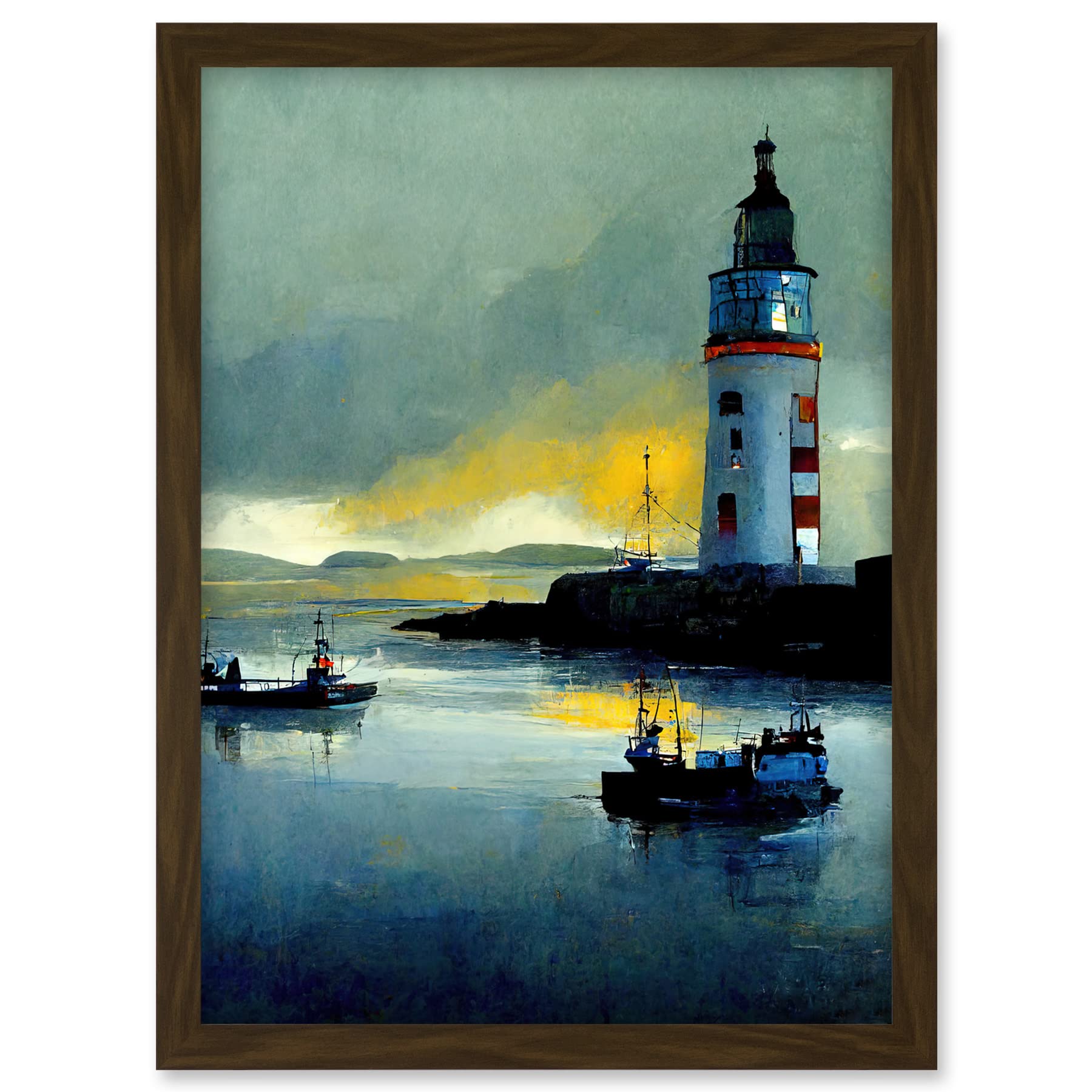 Doppelganger33 LTD Scottish Harbour Fishing Boats Lighthouse Modern Artwork Framed A3 Wall Art Print
