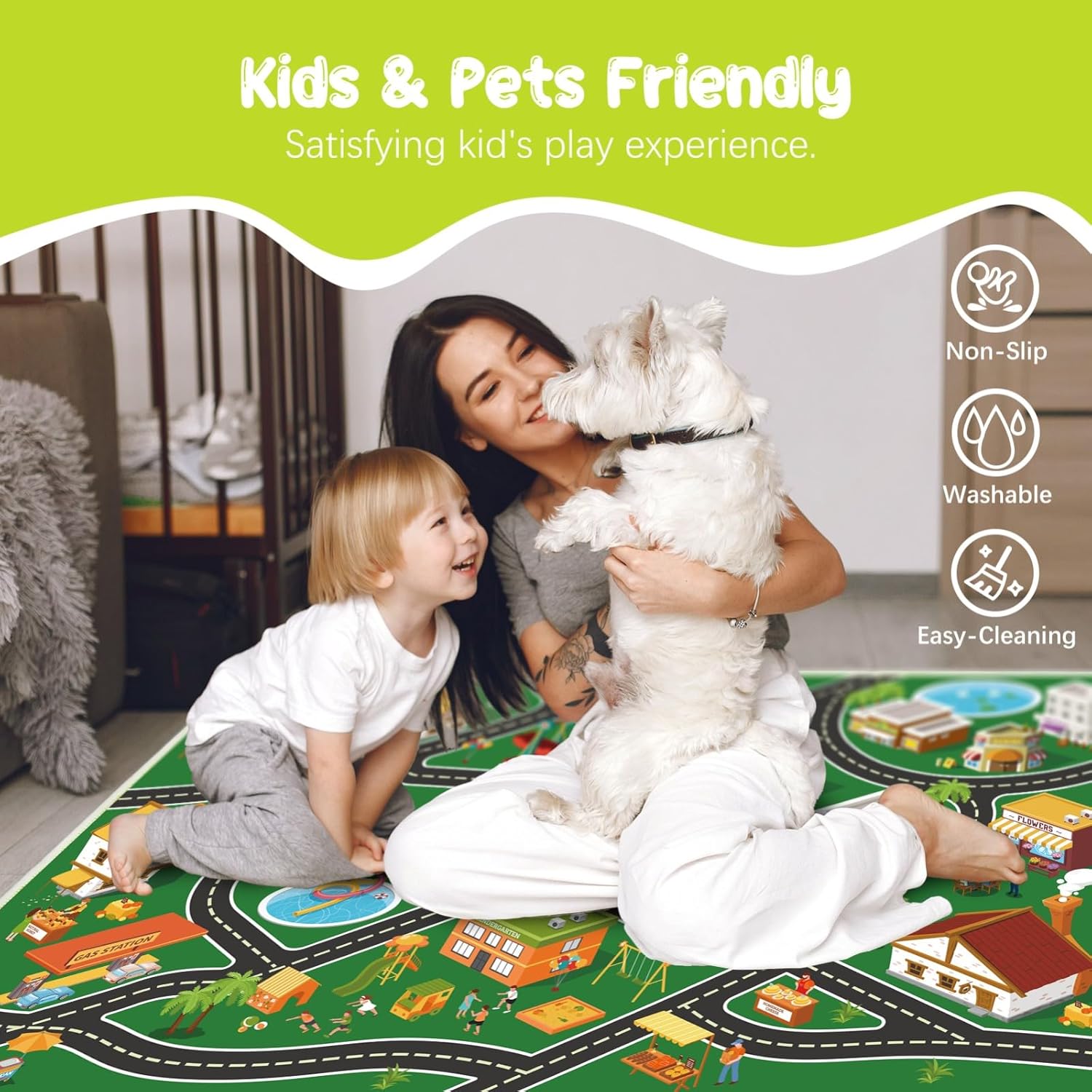 Kids Carpet Darker Green Car Play Rug, 4'x6' Road Rug for Kids Playroom, City Life Educational Area Rugs with Non-Slip Backing, Great Ideal Gifts for Kids Bedroom