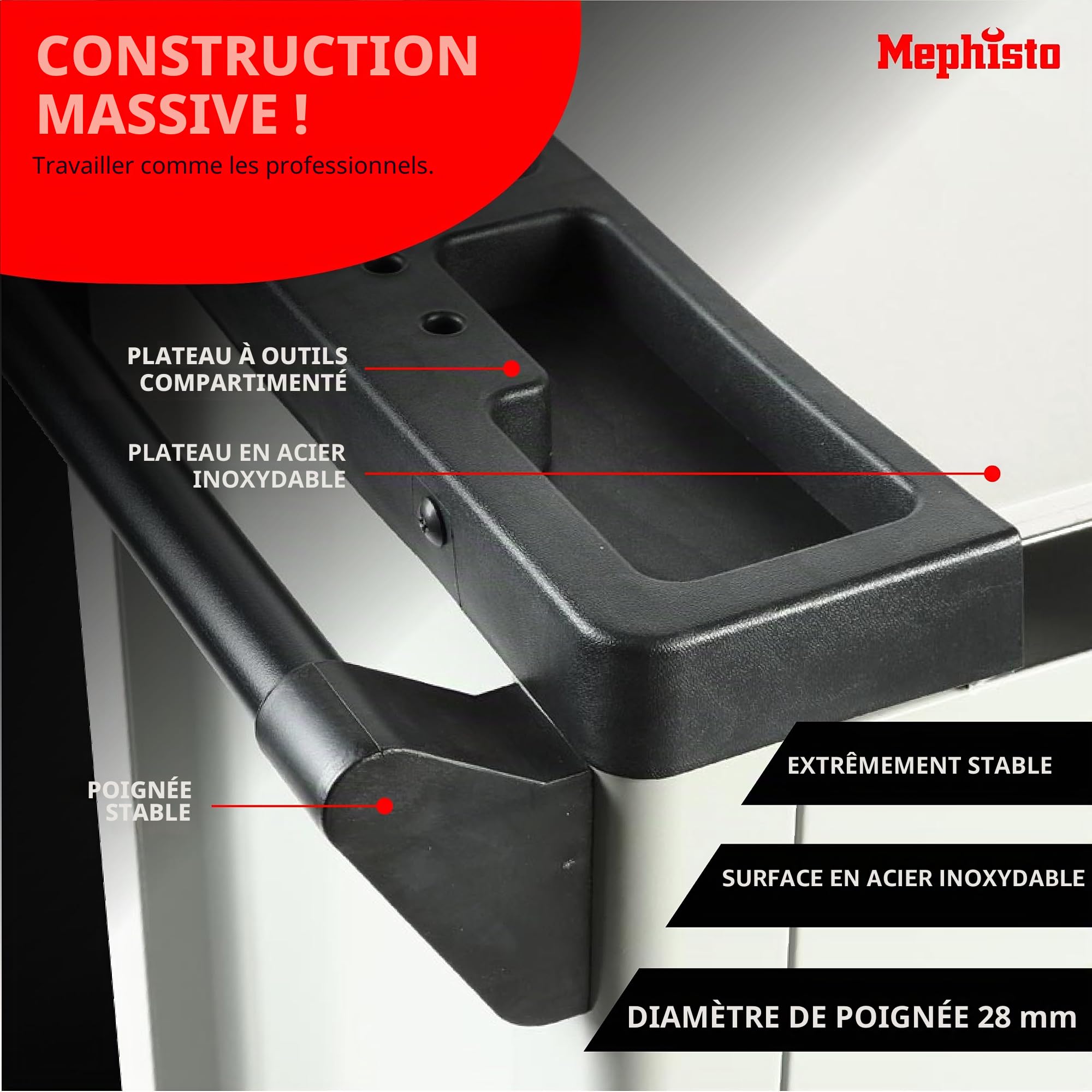 Mephisto Chariot à outils XXL avec 8 tiroirs dont 8 outils tels que clés, cliquet avec boîte en noyer, jeu de clés à anneau, etc. en Soft Inlays in Carbon Lock