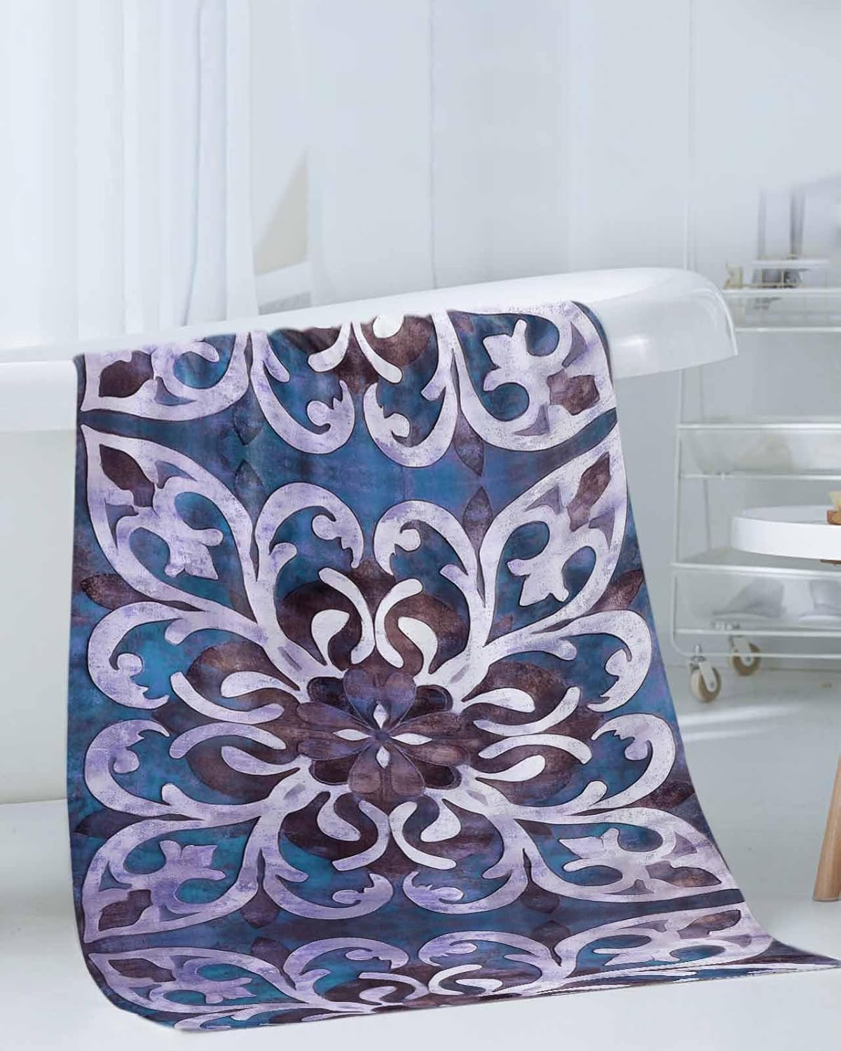 Blue Purple Ethnic 3 Piece Bath Towels Set, Rustic Boho Flowers Impressionist Soft & Absorbent Towels for Bathroom, Hotel (1 Bath Towel 30x60, 1 Hand Towel 16x28, 1 Washcloth 13x13)