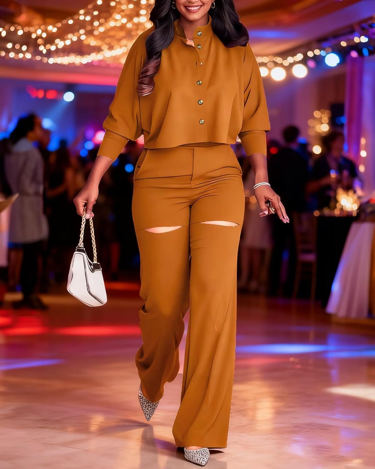 Ophestin Women 2 Piece Outfits Dressy Batwing Sleeve Button Down Crop Top Cut Out Wide Leg Pant Matching Tracksuit Sets - Image 4