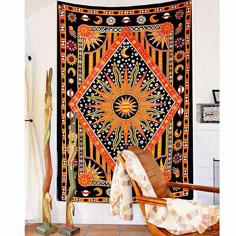 Jasion Burning Sun Trippy Orange Mandala Bohemian Tapestry Poster Celestial Sun Moon Star Planet Tie Dye Wall Hanging Tapestry Wall Tapestry Art for Home Headboard Dorm Decor in 51x60 Inches