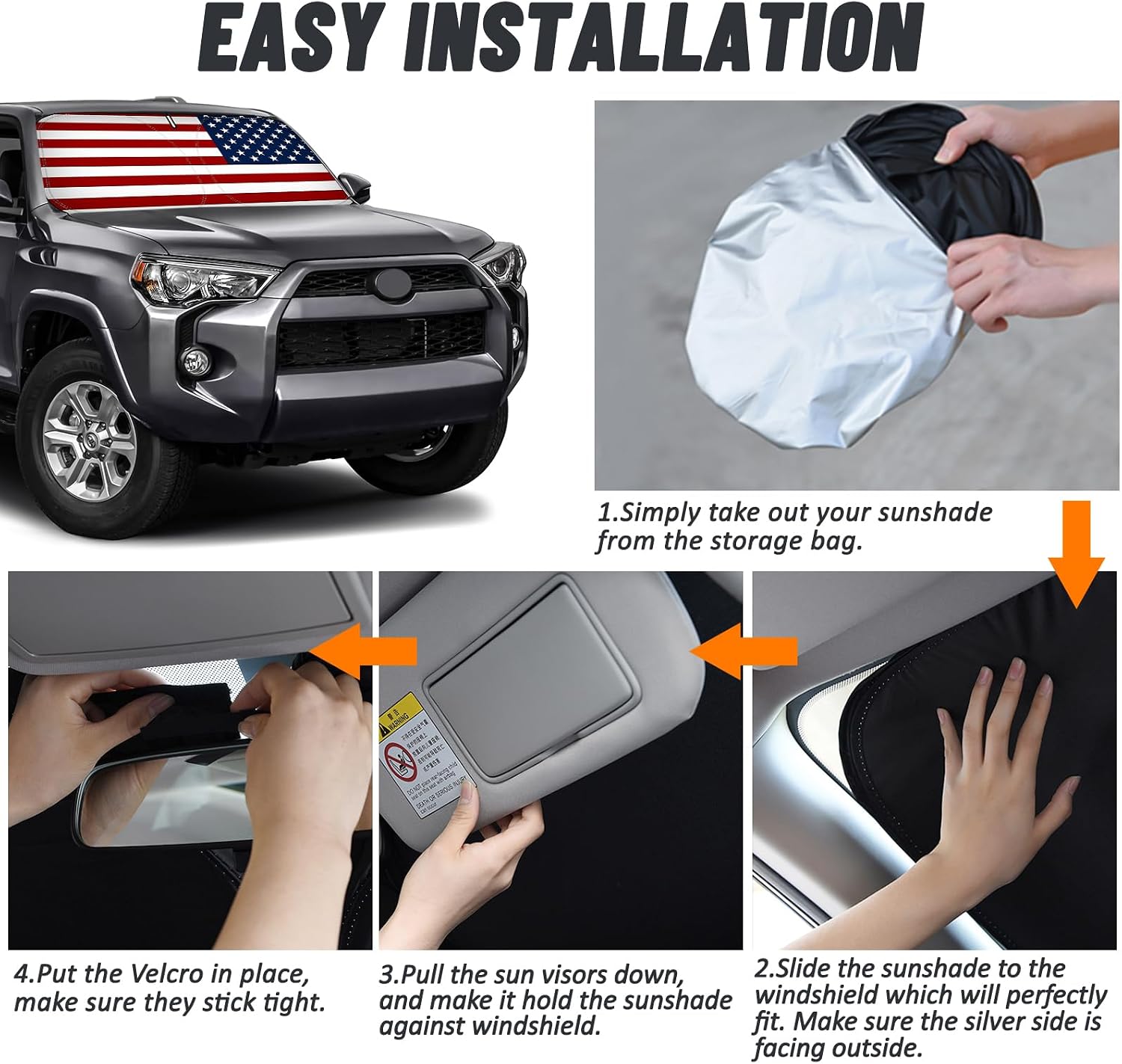D-Lumina Windshield Sun Shade American Flag for 2010-2025 Toyo-ta 4Runner Accessories, Front Window Sunshade Sun Visor Protector Sun Shield Block UV Rays Heat, Foldable 2 Layers 210T Material