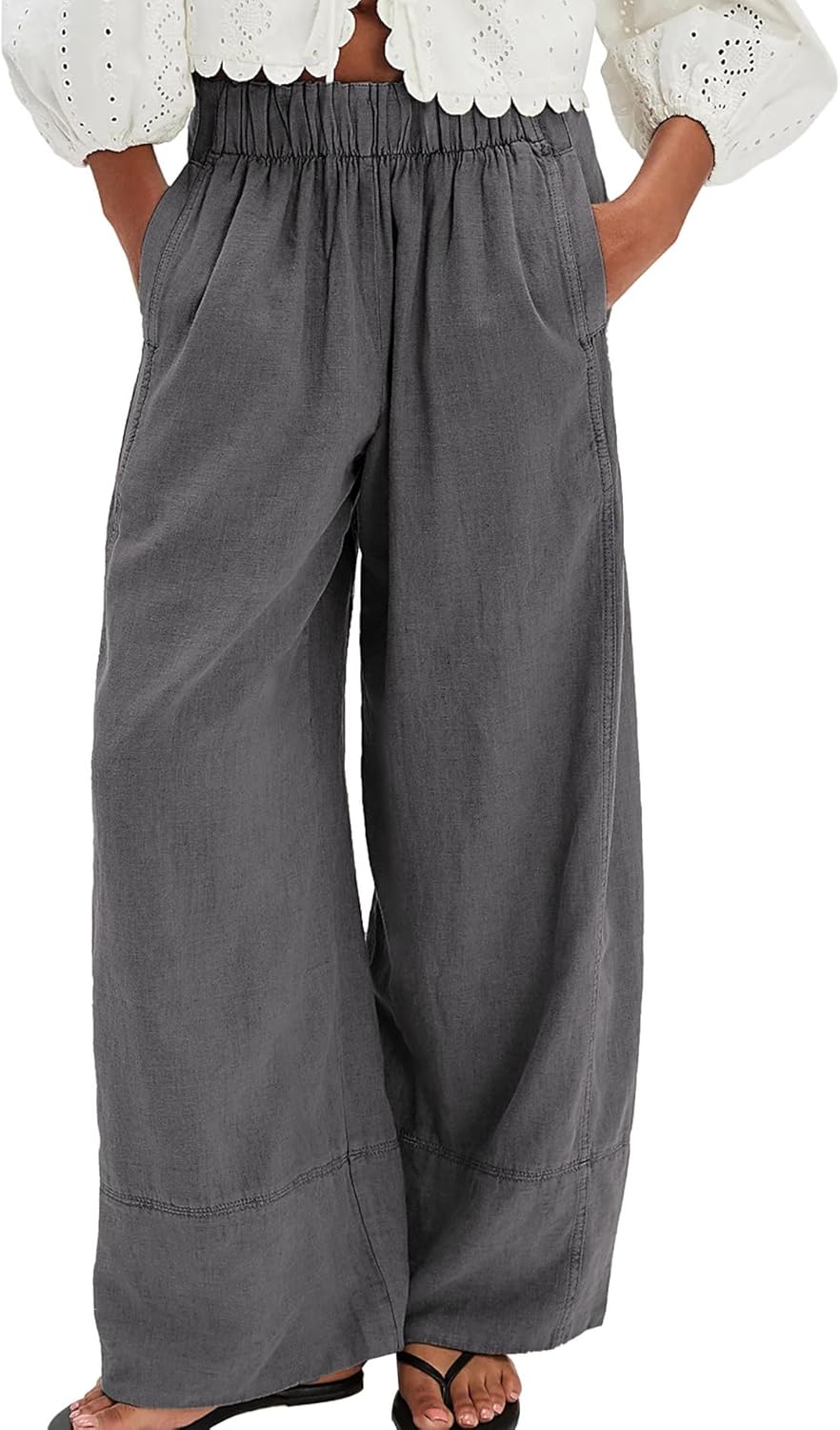 Songling Wide Leg Linen Pants for Women Summer Cotton Casual Palazzo Pant Boho Flowy Beach Pants with Pockets