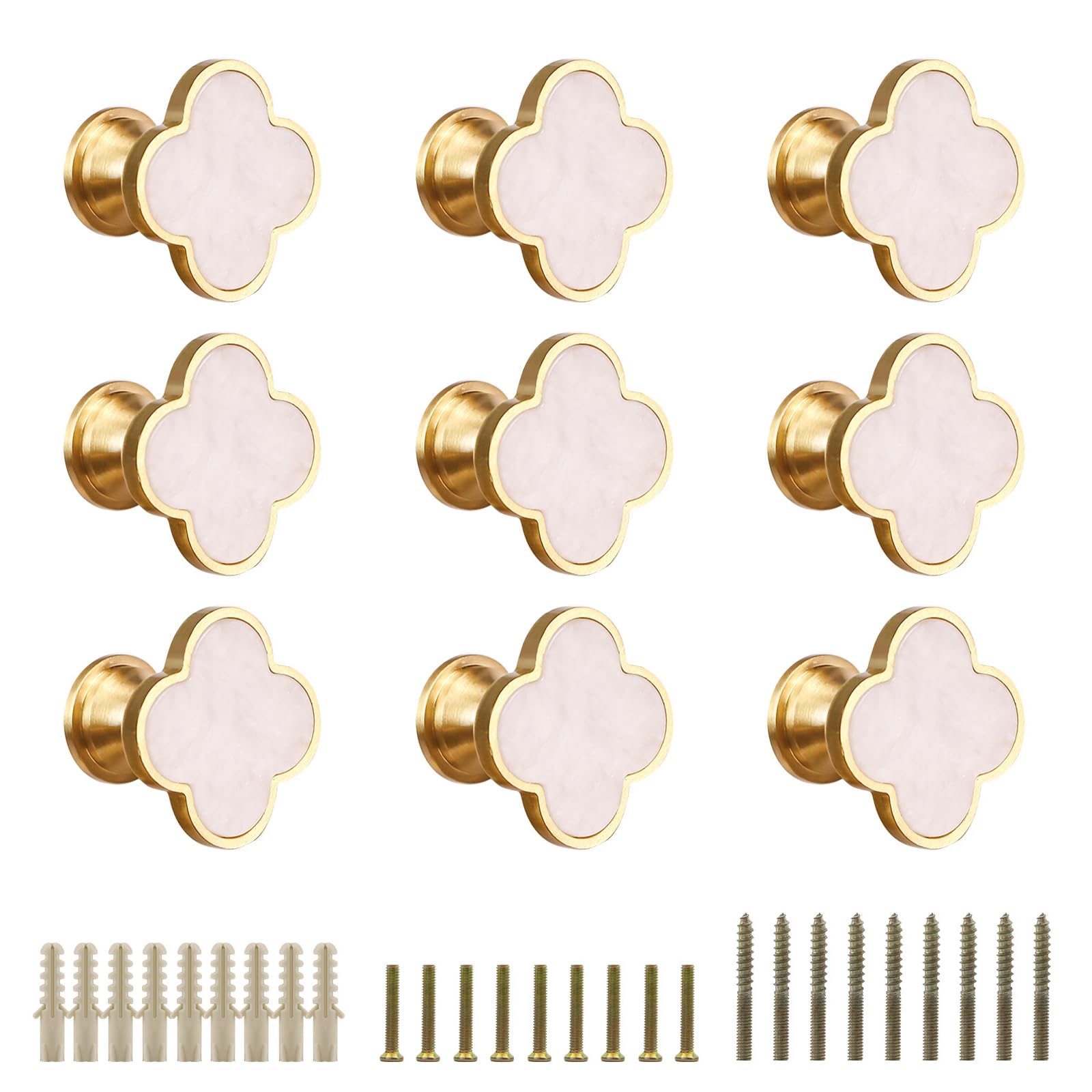 EVERGD 6/9pcs 28mm Four-Leaf Brass Gold Clover Knobs Cabinet Door Knobs Drawer Pulls with Screws