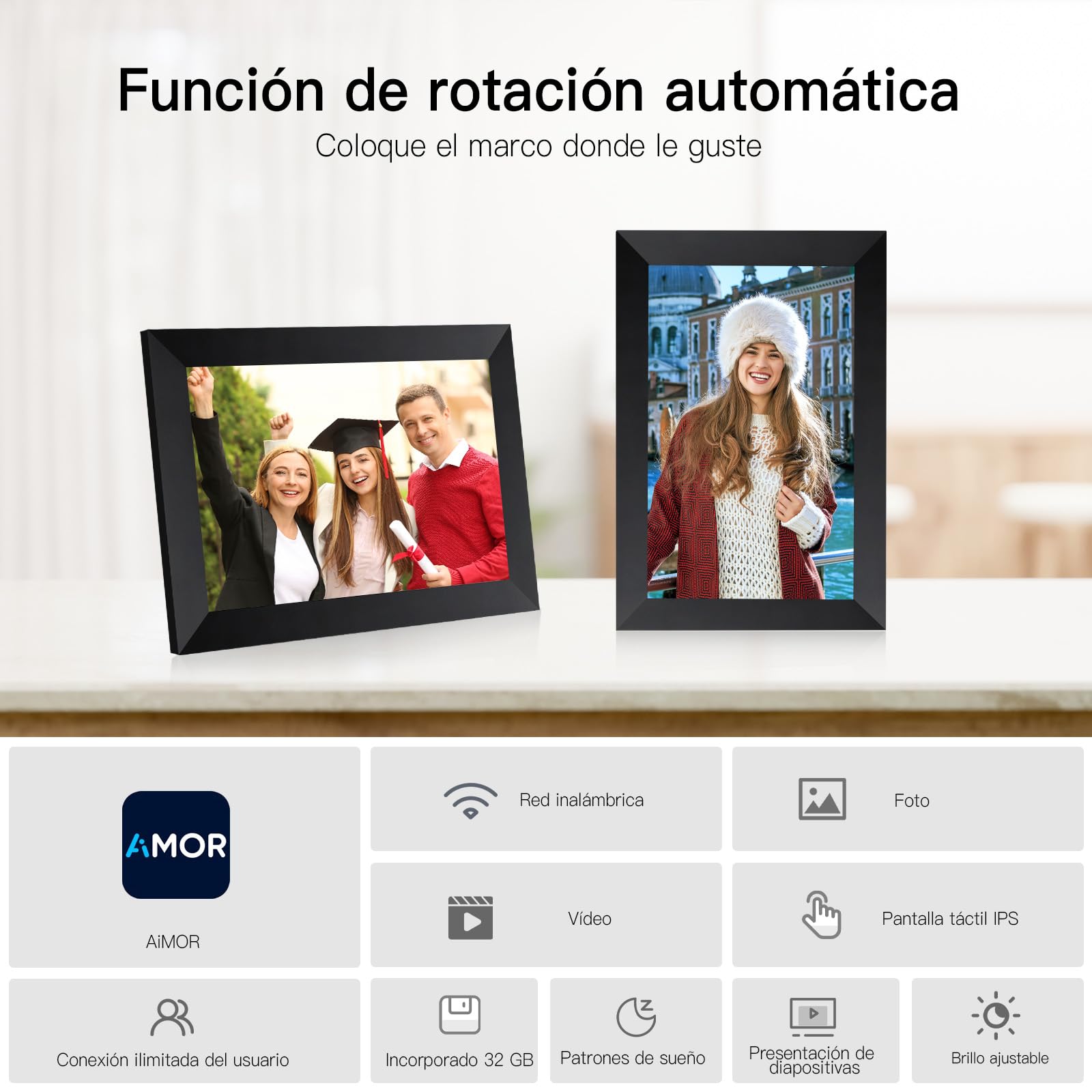 Humblestead Cadre Photo numérique 10,1 Pouces WiFi, IPS Écran Tactile Le Cloud Intelligent Cadre Photo 32gb, Partagez Vos Photos ou vidéos Via l’app AiMOR, Rotation Automatique, Montage Mural