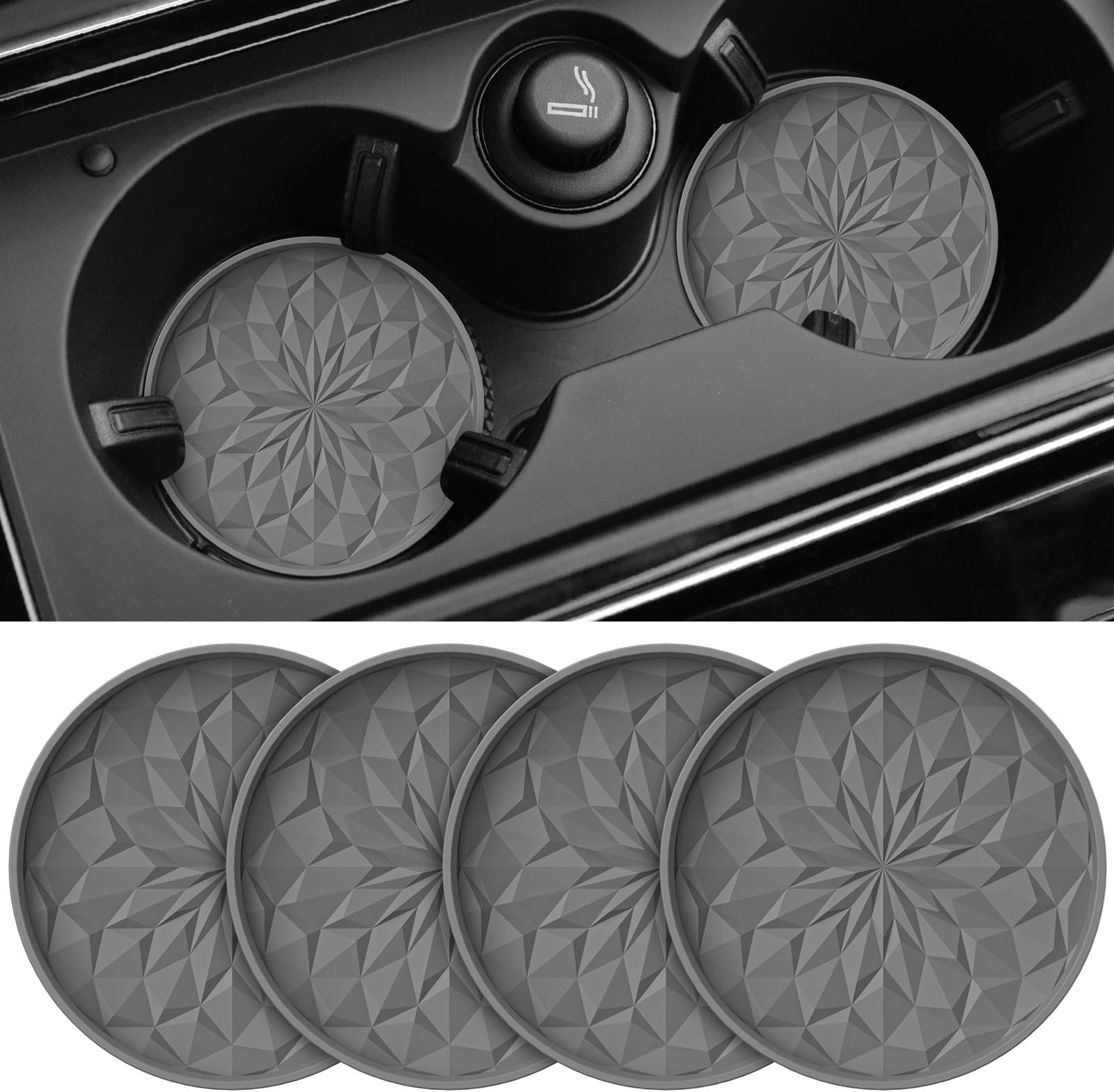 4 Pcs Car Cup Coaster for Ford Capri EV, Cup Holder Pad Anti-Slip Dustproof Interior Coaster Styling Diamond Honeycomb Pattern Grey
