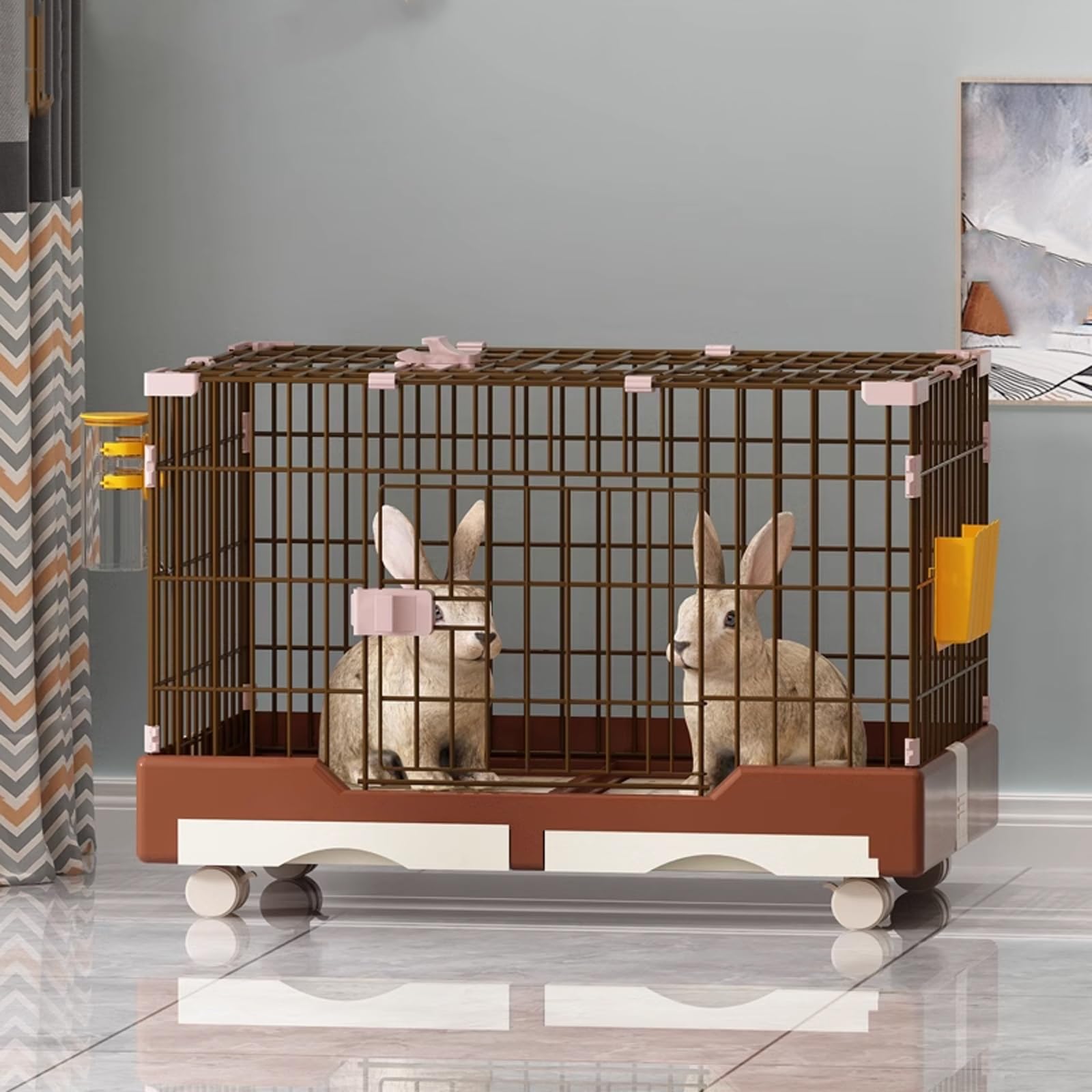 Jaula Conejo Grande Exterior con Ruedas Jaula para Conejos Pequeños con Bandejas Extraíbles, Conejera for 2 Conejitos for Animales Pequeños Fácil de Limpiar(Brown,82 * 57 * 66cm)