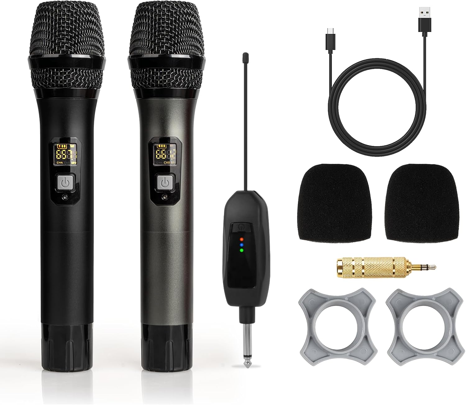 Soundgeek Wireless Microphone UHF Metal Dual Handheld Mic with Rechargeable Receiver 200ft Range, Microphone for Singing, Karaoke, Church, Speech, Wedding, Party Singing (2 Mics, Black & Gray)