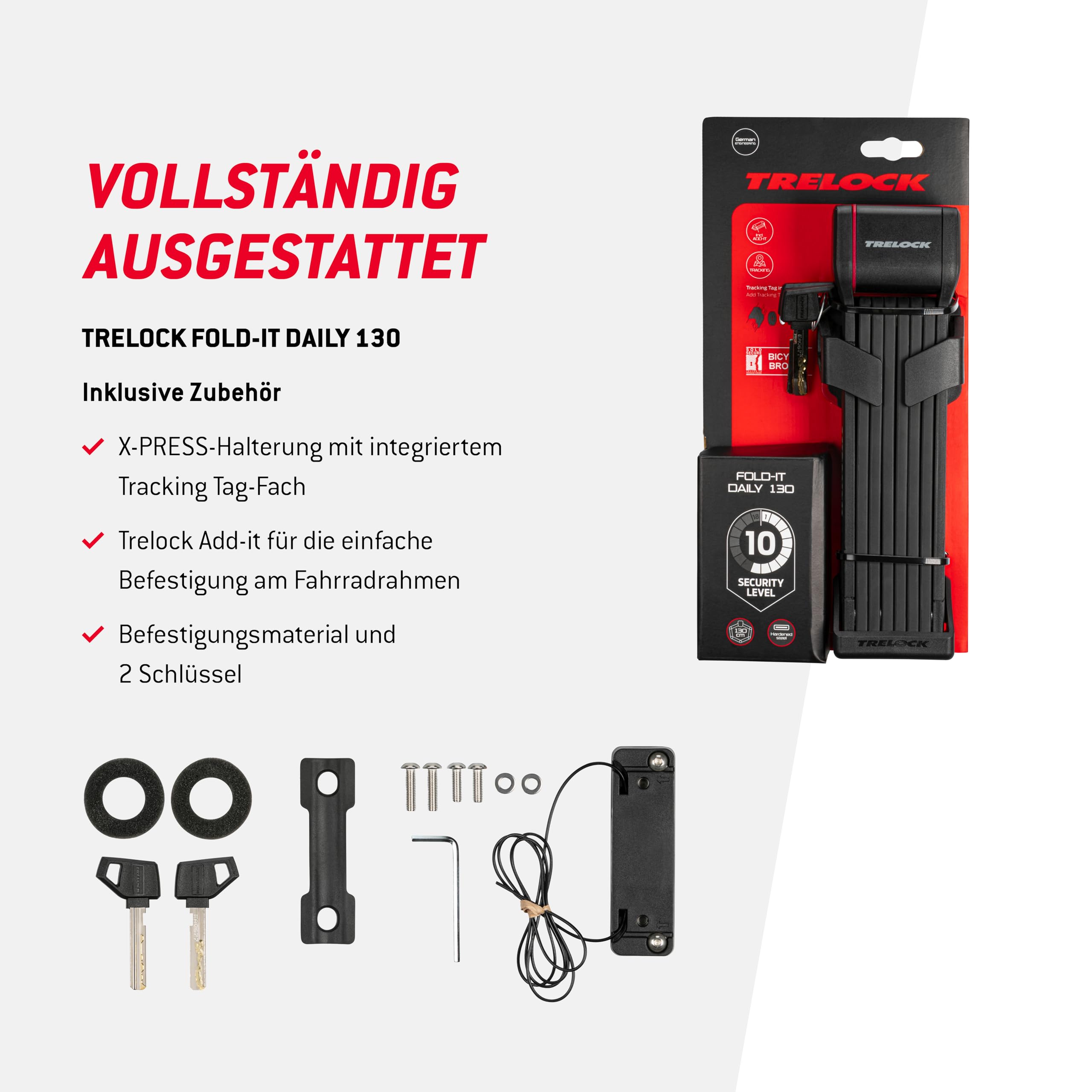 TRELOCK Fold-it Daily – Faltschloss 130 cm – inkl. X-Press-Halterung mit Tracking Tag Fach – Fahrradschloss passend für alle Rahmen