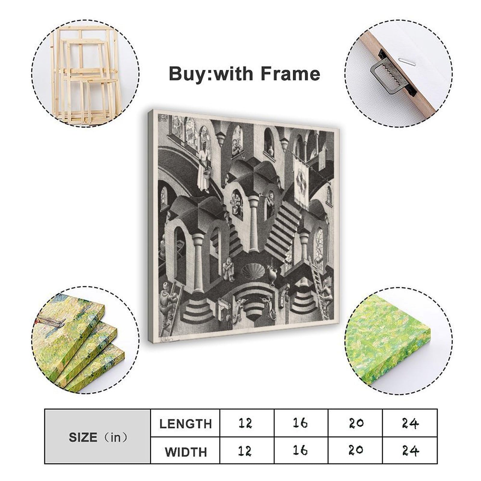 WCYB M.C. Escher, stampa convessa e concava, poster su tela, decorazione da parete per ufficio, 61 cm di lunghezza x 61 cm di larghezza