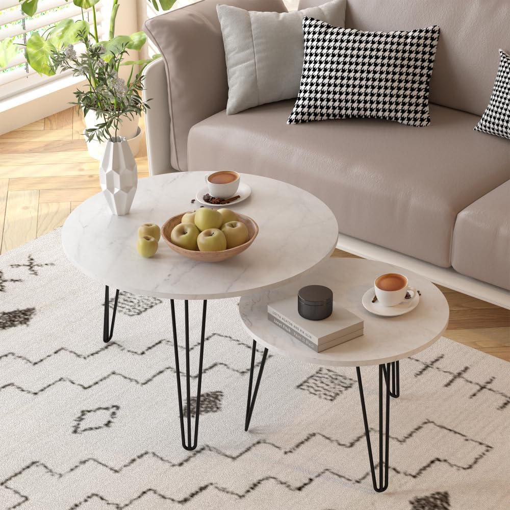 Nesting Coffee Table Set of 2, 27.56'' Round Nesting End Table Set with Marble Tabletop and Sturdy Metal Base for Living Room, Bedroom (White)
