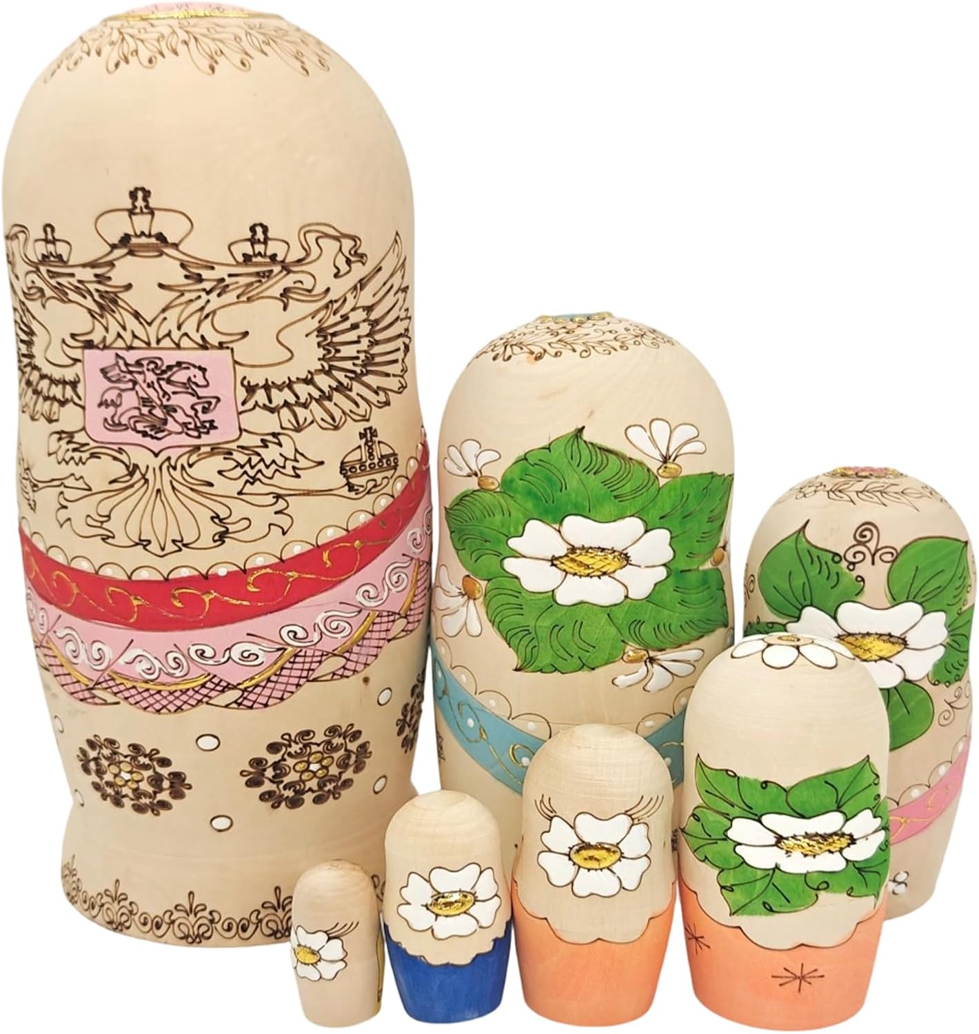 7-Layered Handcrafts Russian Nesting Doll Set Natural Wood Matryoshka Doll with Traditional Pyrography Art Russian Nesting Dolls