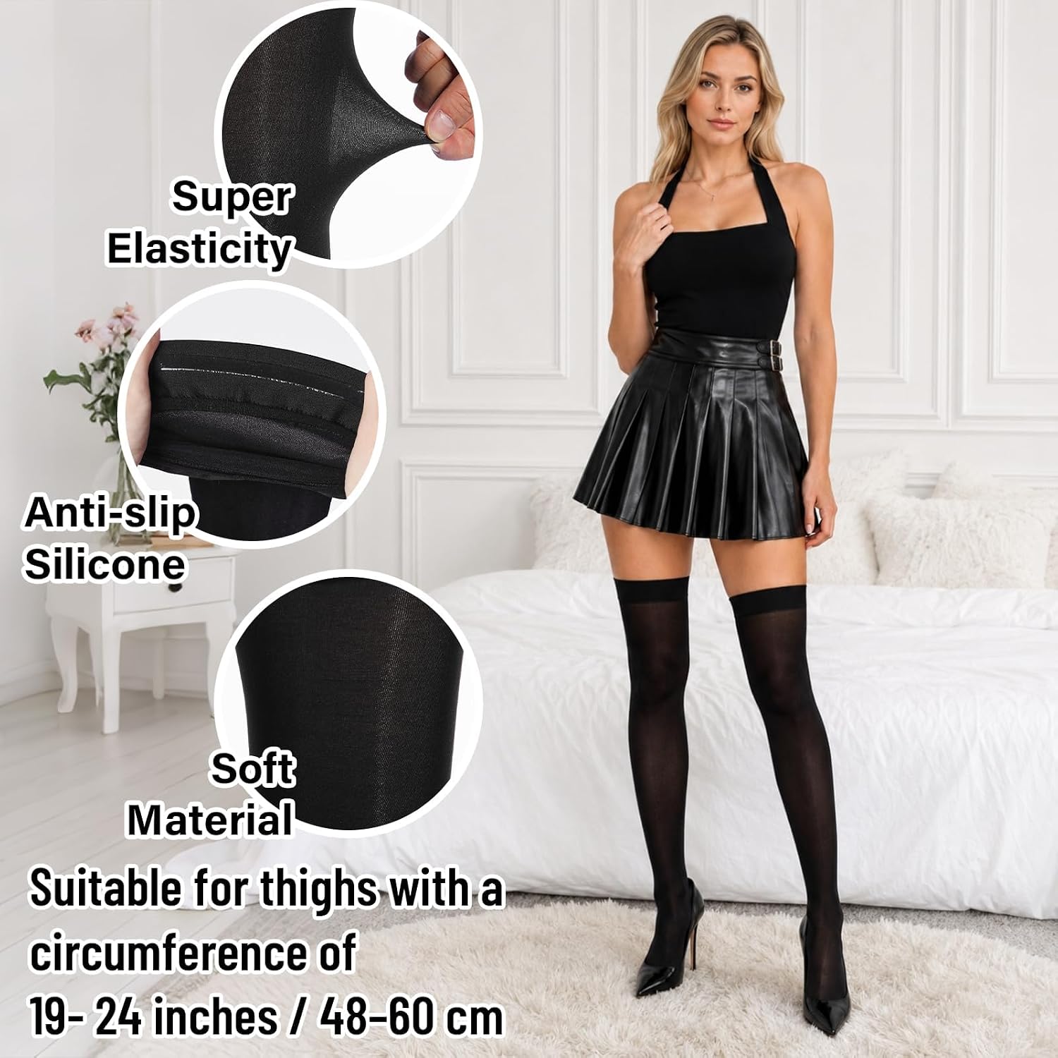 Moon Wood Women's Thigh High Stockings with Silicone Stay Up Stockings Elastic Band Sexy Sheer Thigh Highs for Cosplay Party