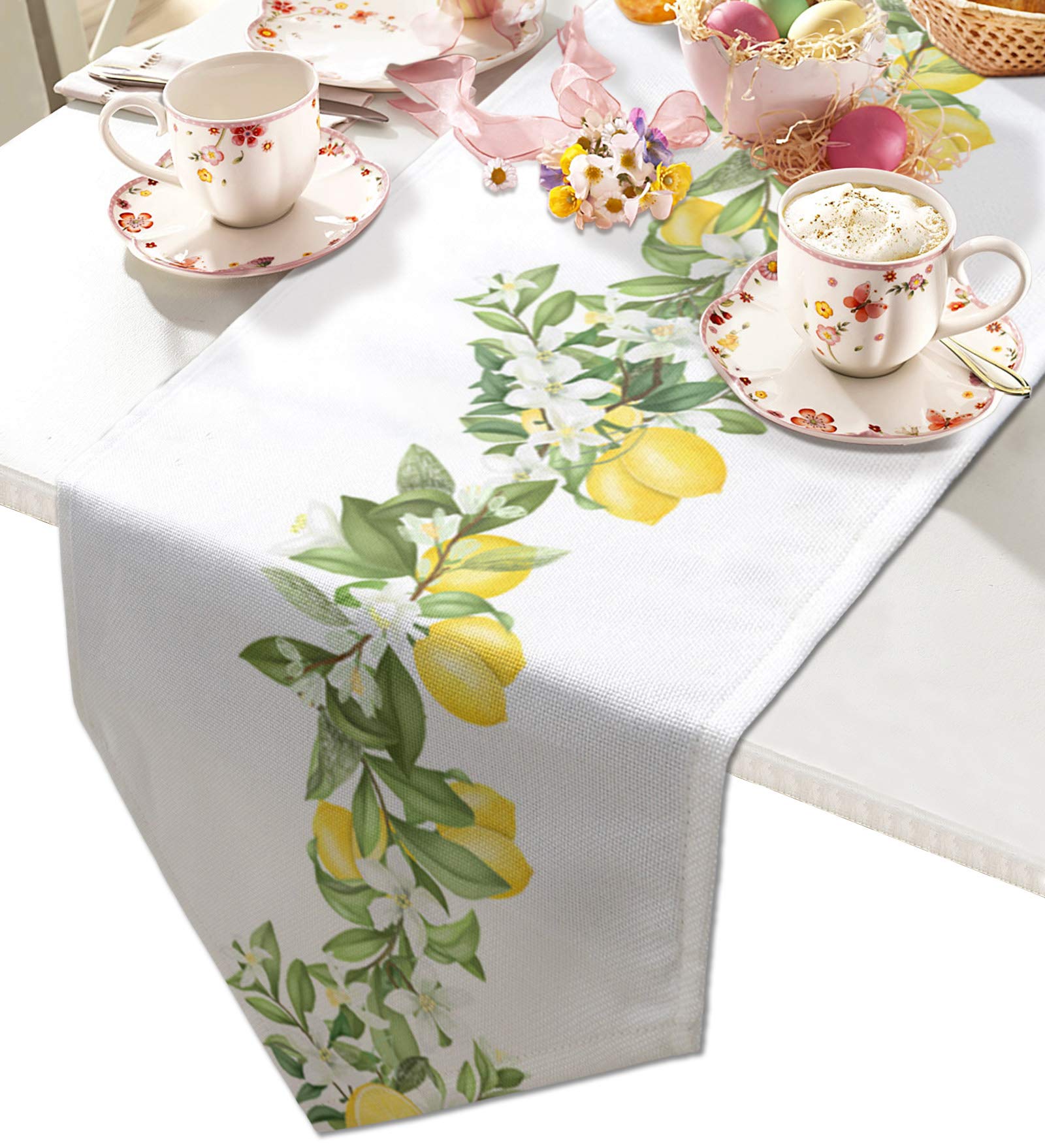 Edwiinsa Cotton and Linen Triangle Table Runners 72 Inches Long, Summer Lemons White Floral Swirls Dresser Scarves Table Decoration for Wedding Party/Graduation Ceremony/Banquet (16x72 inch)