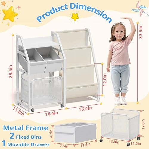 Miniatura 2 de Estantería para niños y organizador de almacenamiento de juguetes, estante de 3 niveles para habitaciones de niños con cajón móvil, estantería para